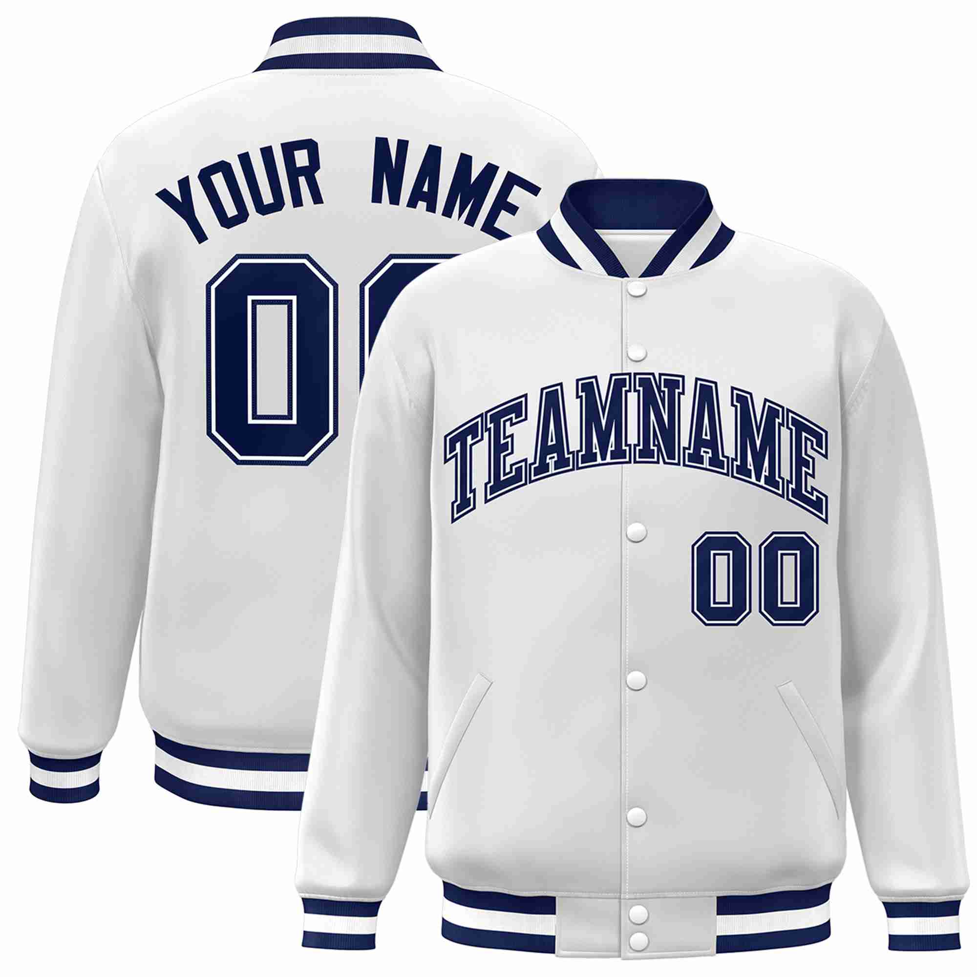 Custom White Navy-White Classic Style Varsity Full-Snap Letterman Jacket