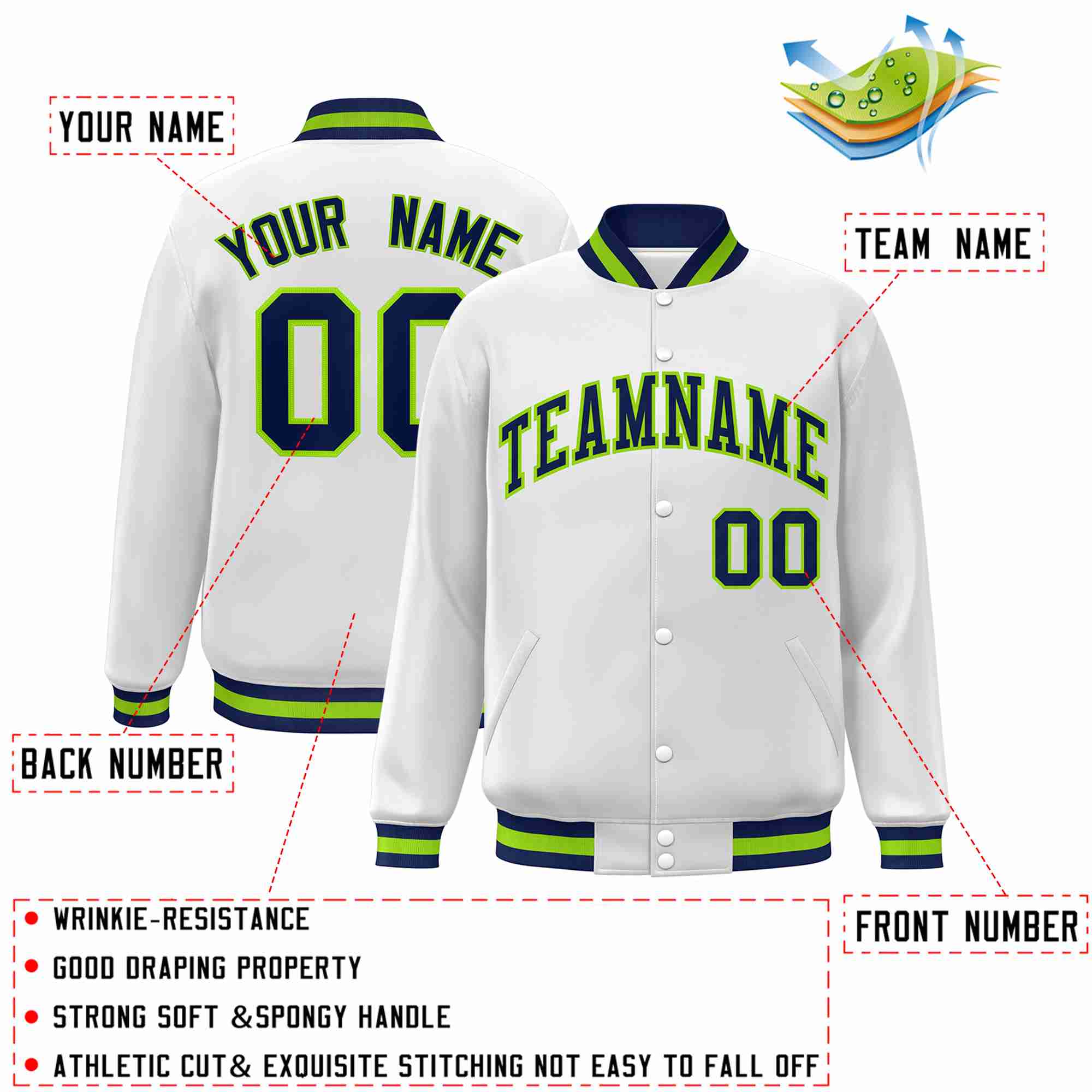 Custom White Navy-Neon Green Classic Style Varsity Full-Snap Letterman Jacket