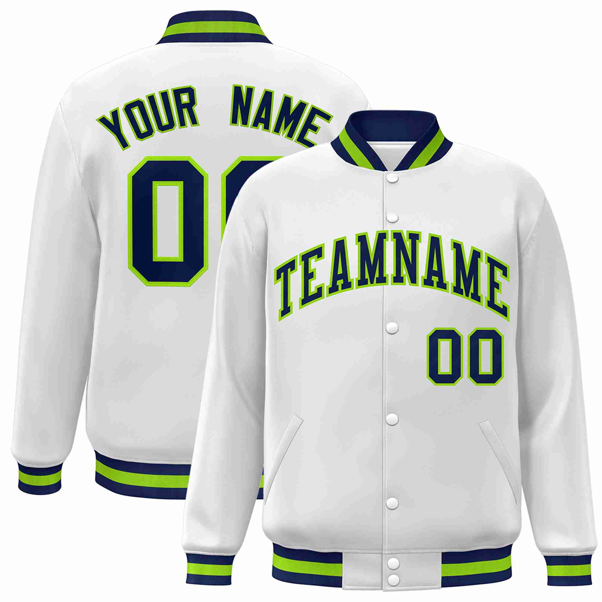 Custom White Navy-Neon Green Classic Style Varsity Full-Snap Letterman Jacket