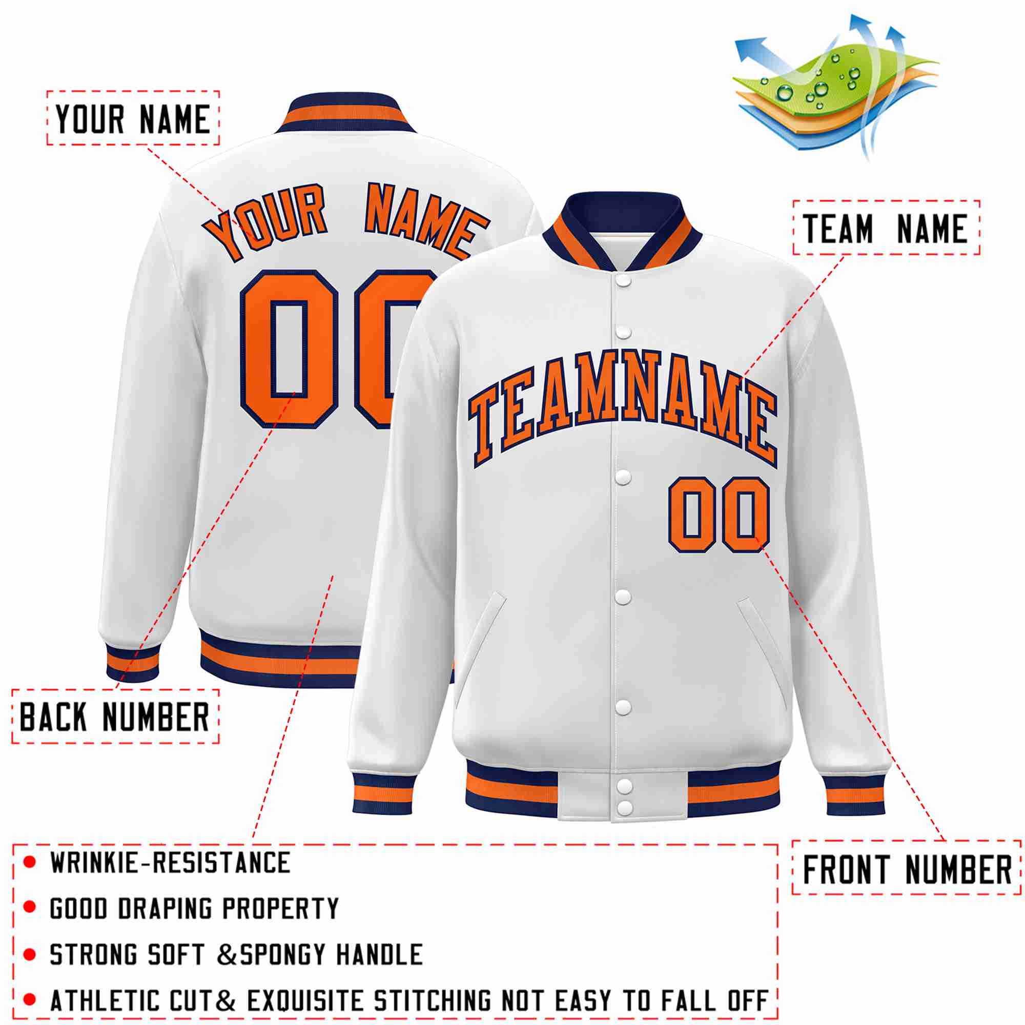 Custom White Orange-Navy Classic Style Varsity Full-Snap Letterman Jacket