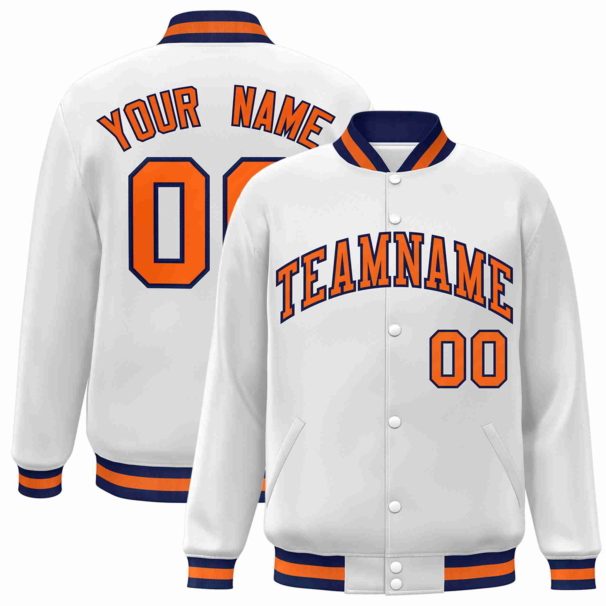 Custom White Orange-Navy Classic Style Varsity Full-Snap Letterman Jacket