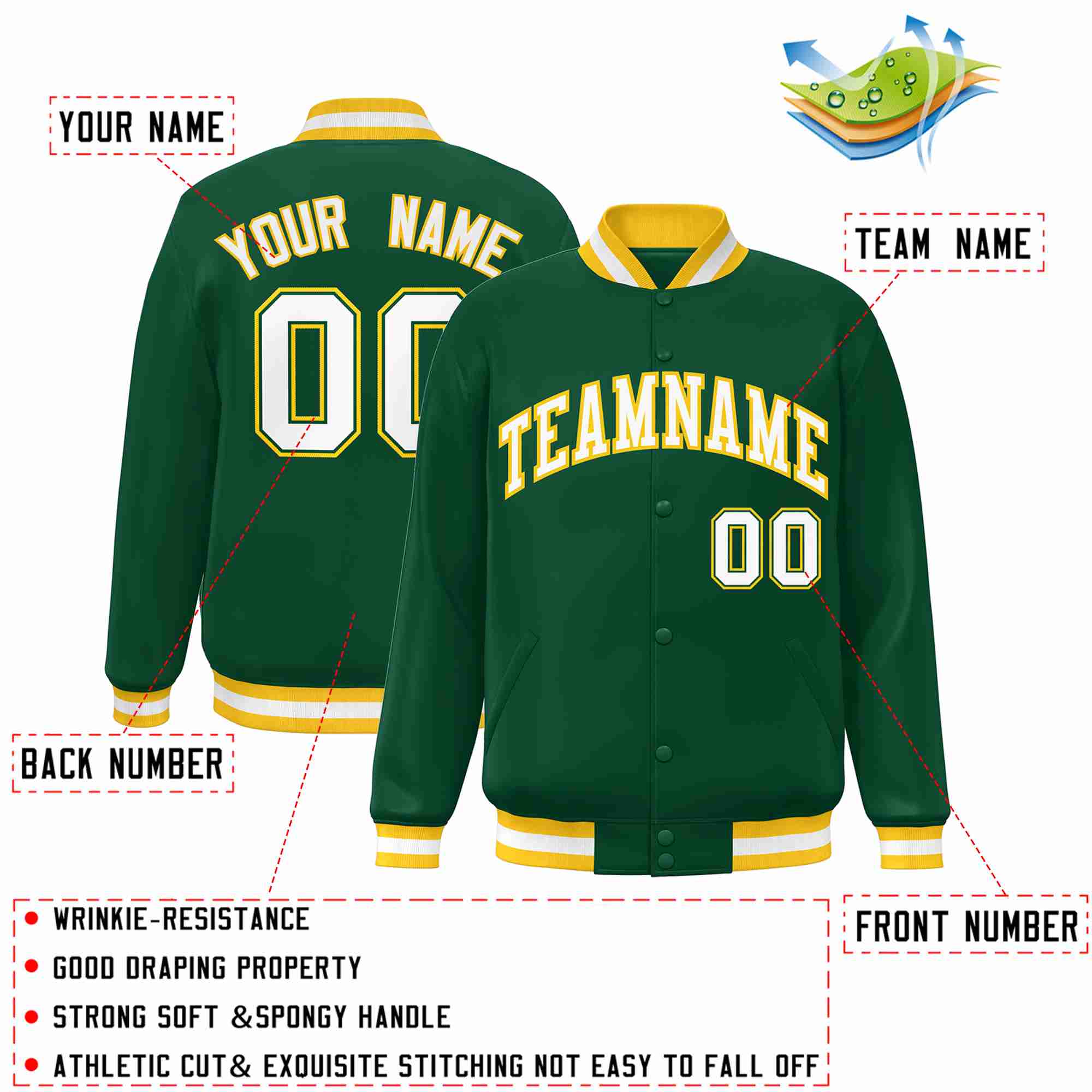 Custom Green White-Gold Classic Style Varsity Full-Snap Letterman Jacket