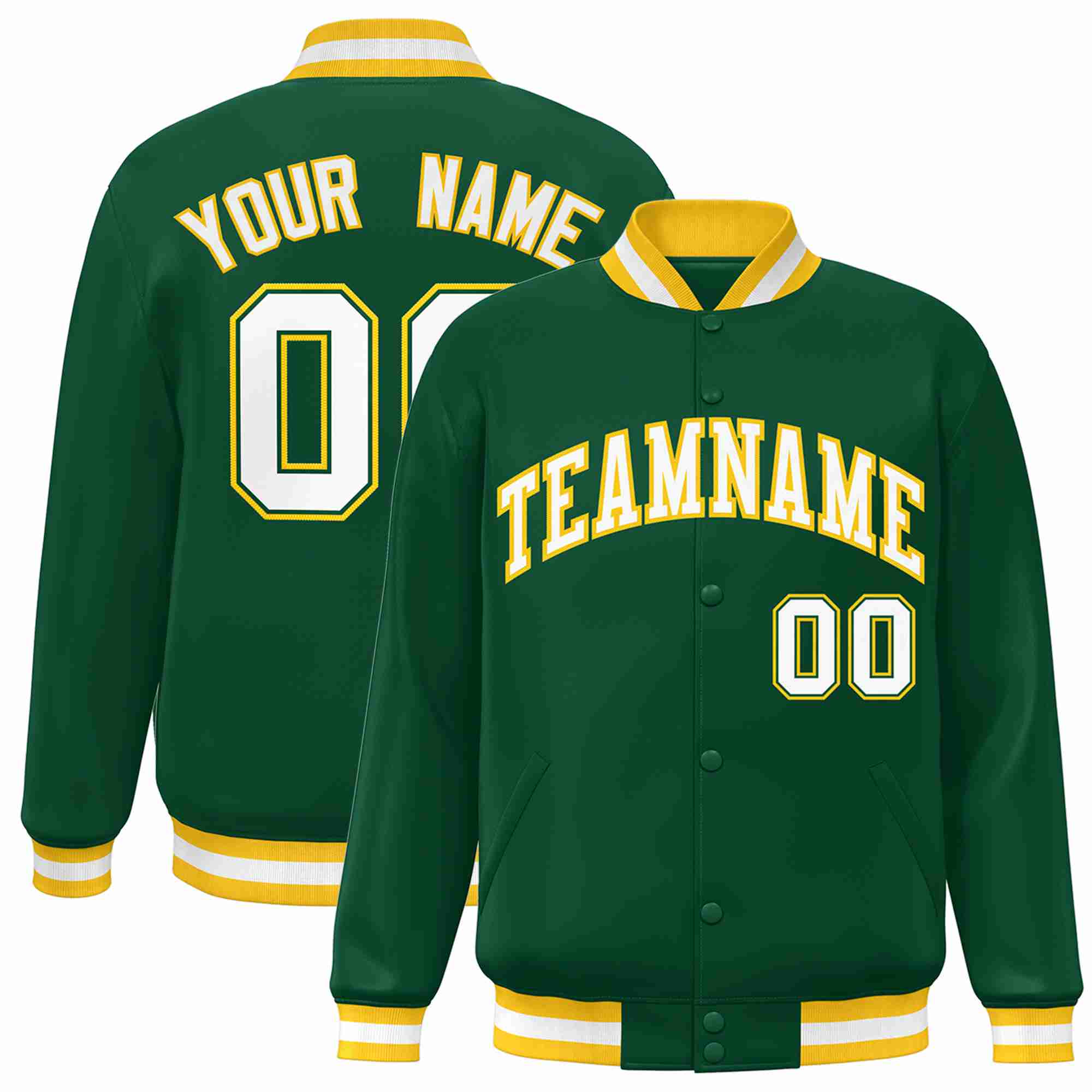 Custom Green White-Gold Classic Style Varsity Full-Snap Letterman Jacket