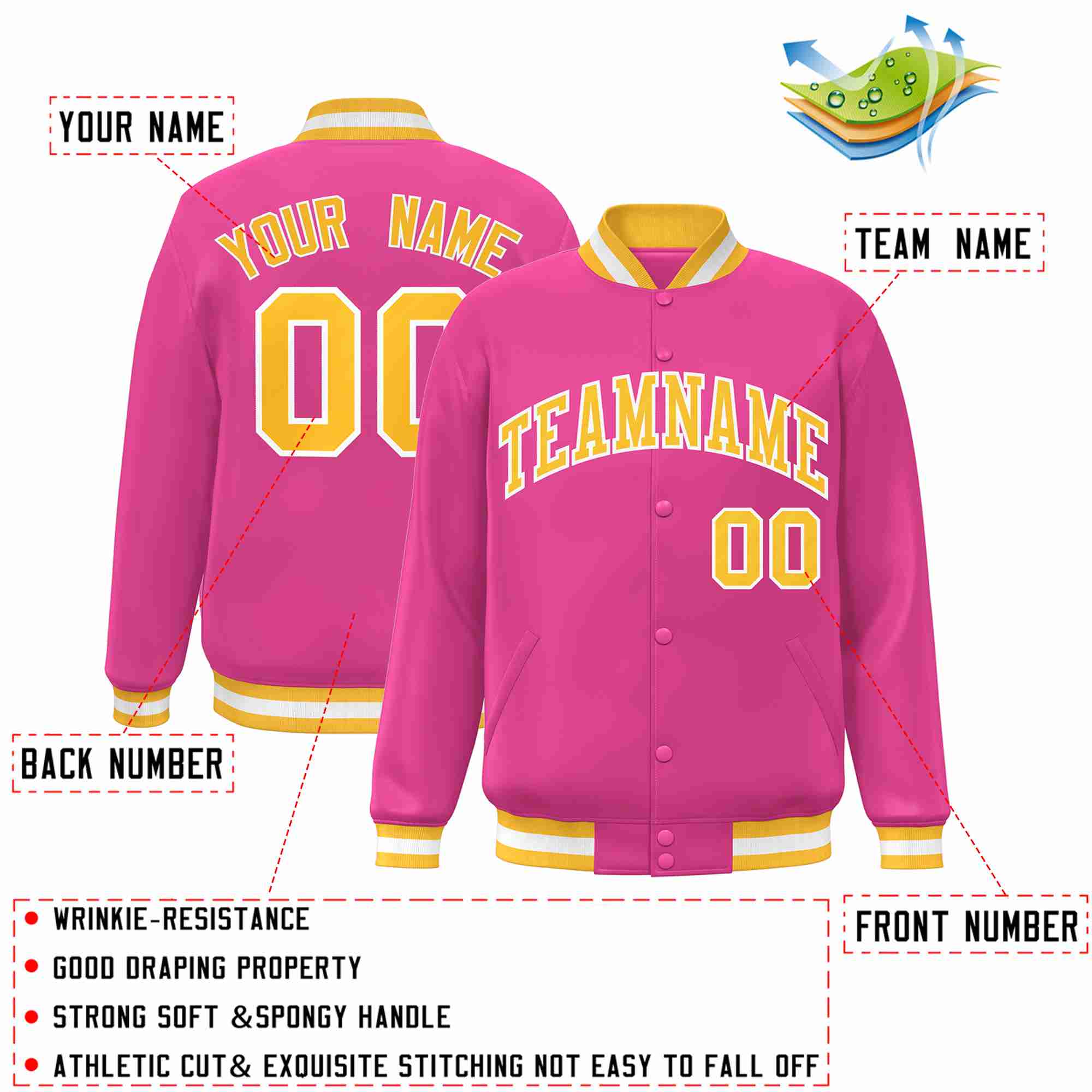 Custom Pink Gold-White Classic Style Varsity Full-Snap Letterman Jacket