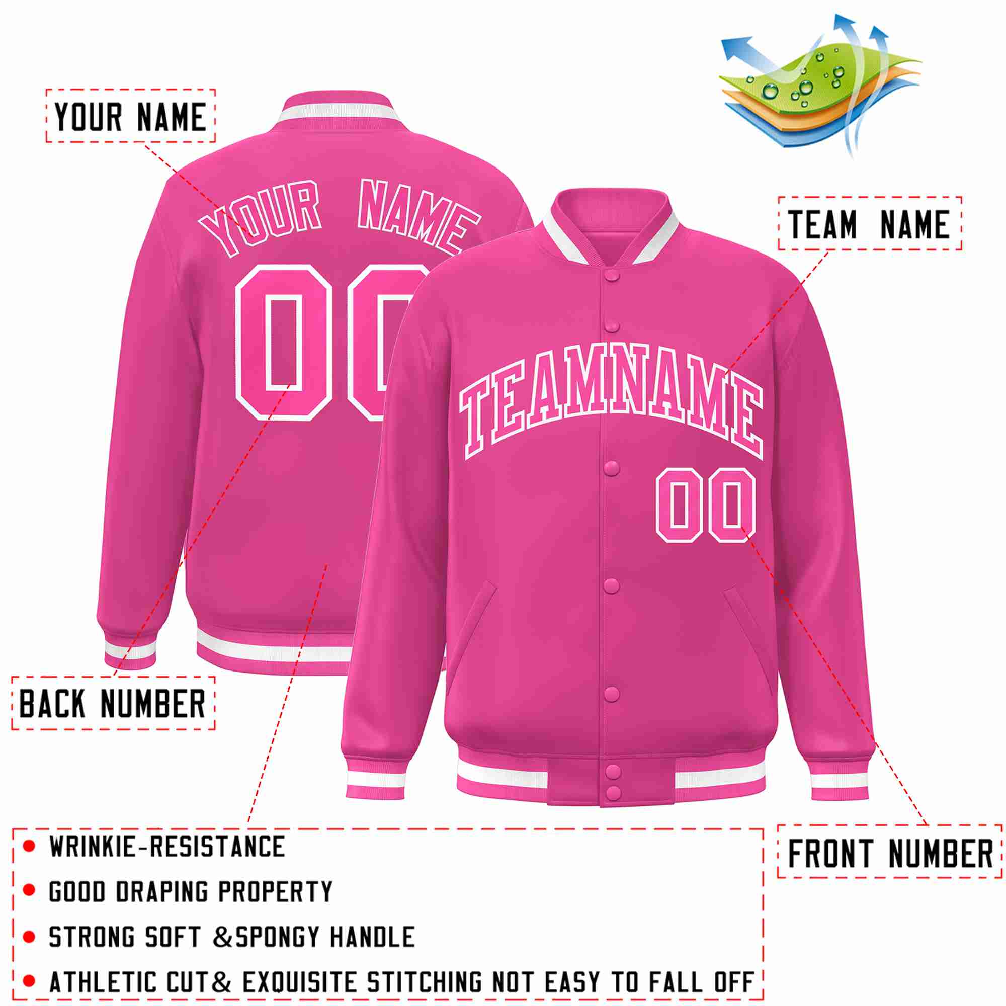 Custom Pink Pink-White Classic Style Varsity Full-Snap Letterman Jacket