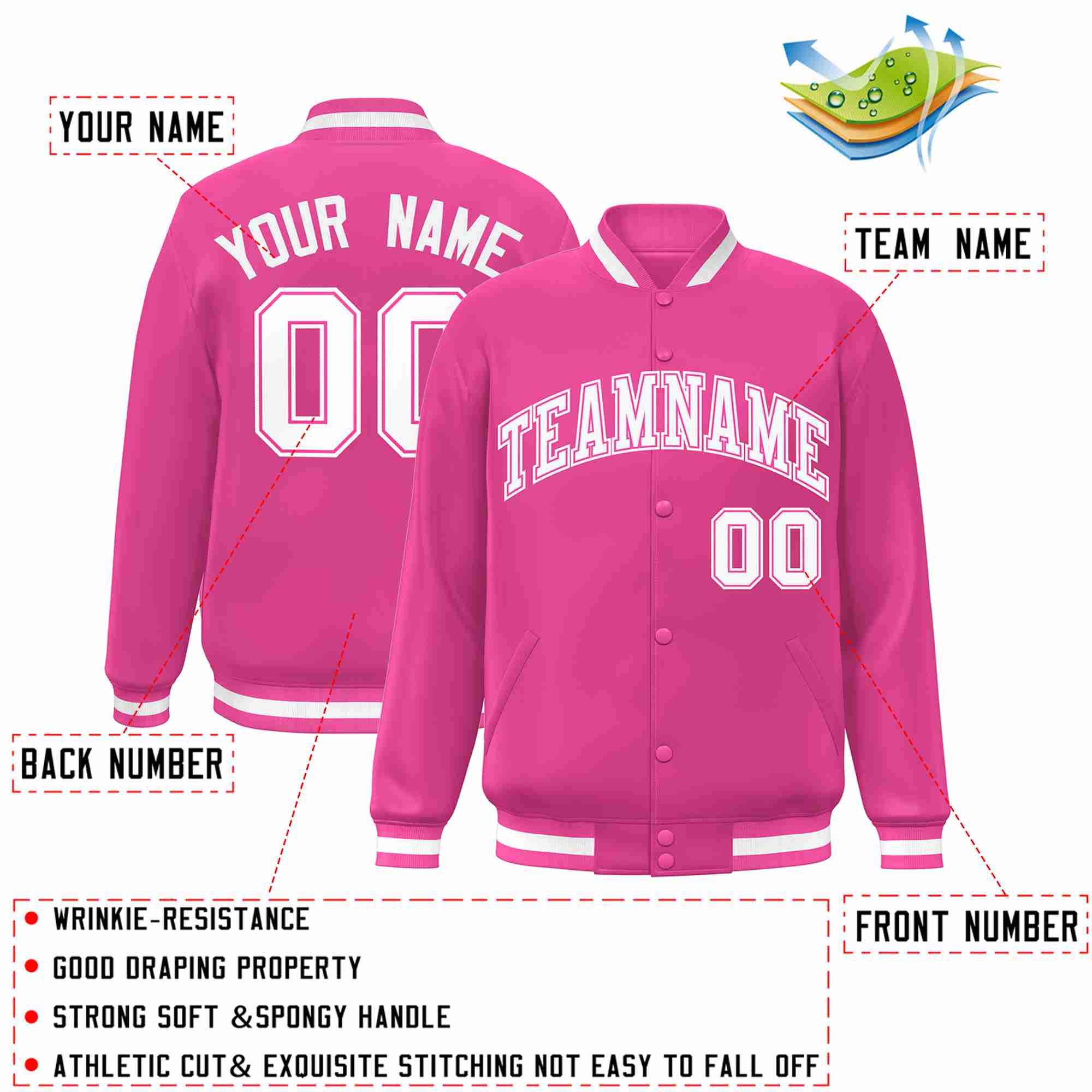 Custom Pink White-Pink Classic Style Varsity Full-Snap Letterman Jacket