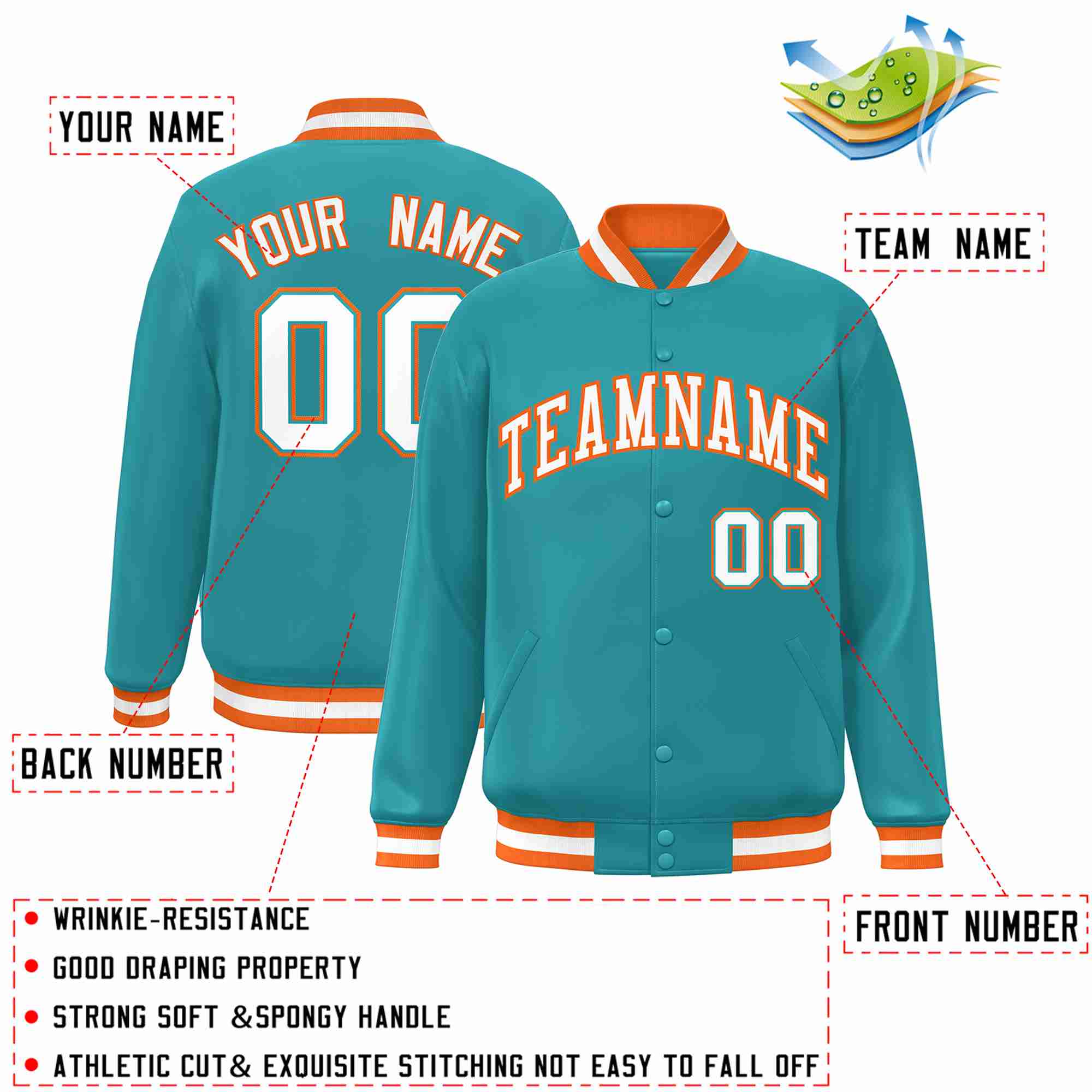 Custom Aqua White-Orange Classic Style Varsity Full-Snap Letterman Jacket