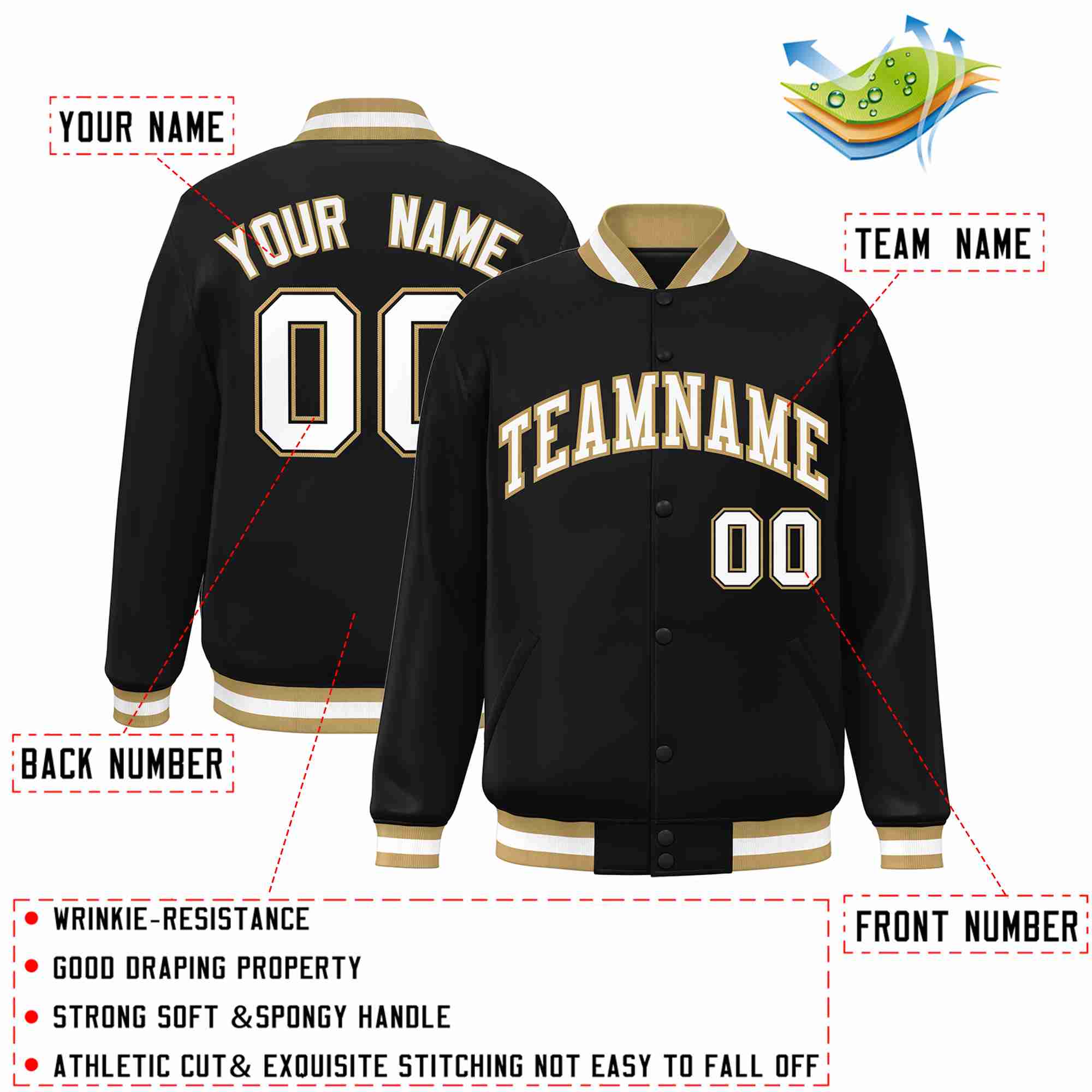 Custom Black White-Old Gold Classic Style Varsity Full-Snap Letterman Jacket