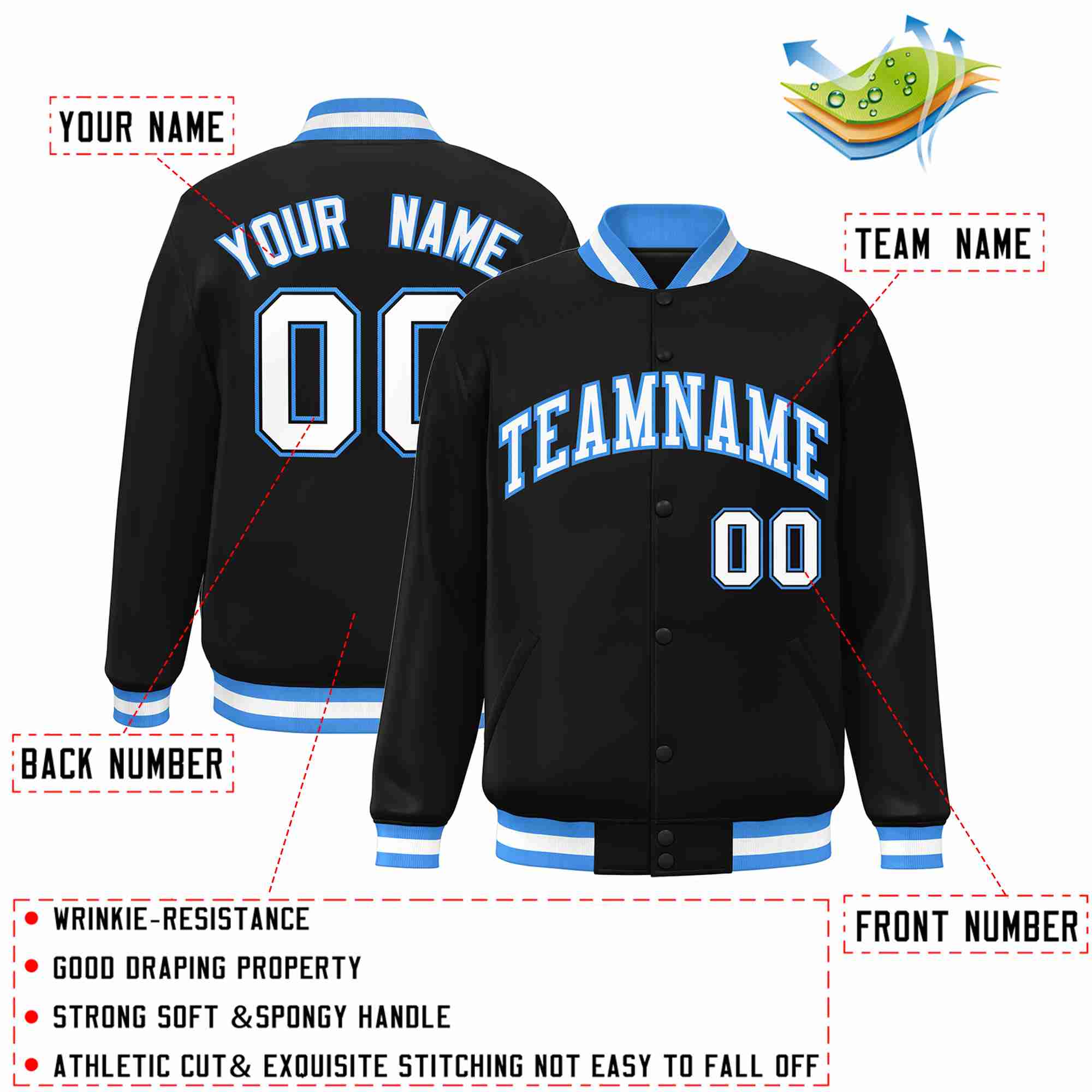 Custom Black White-Powder Blue Classic Style Varsity Full-Snap Letterman Jacket