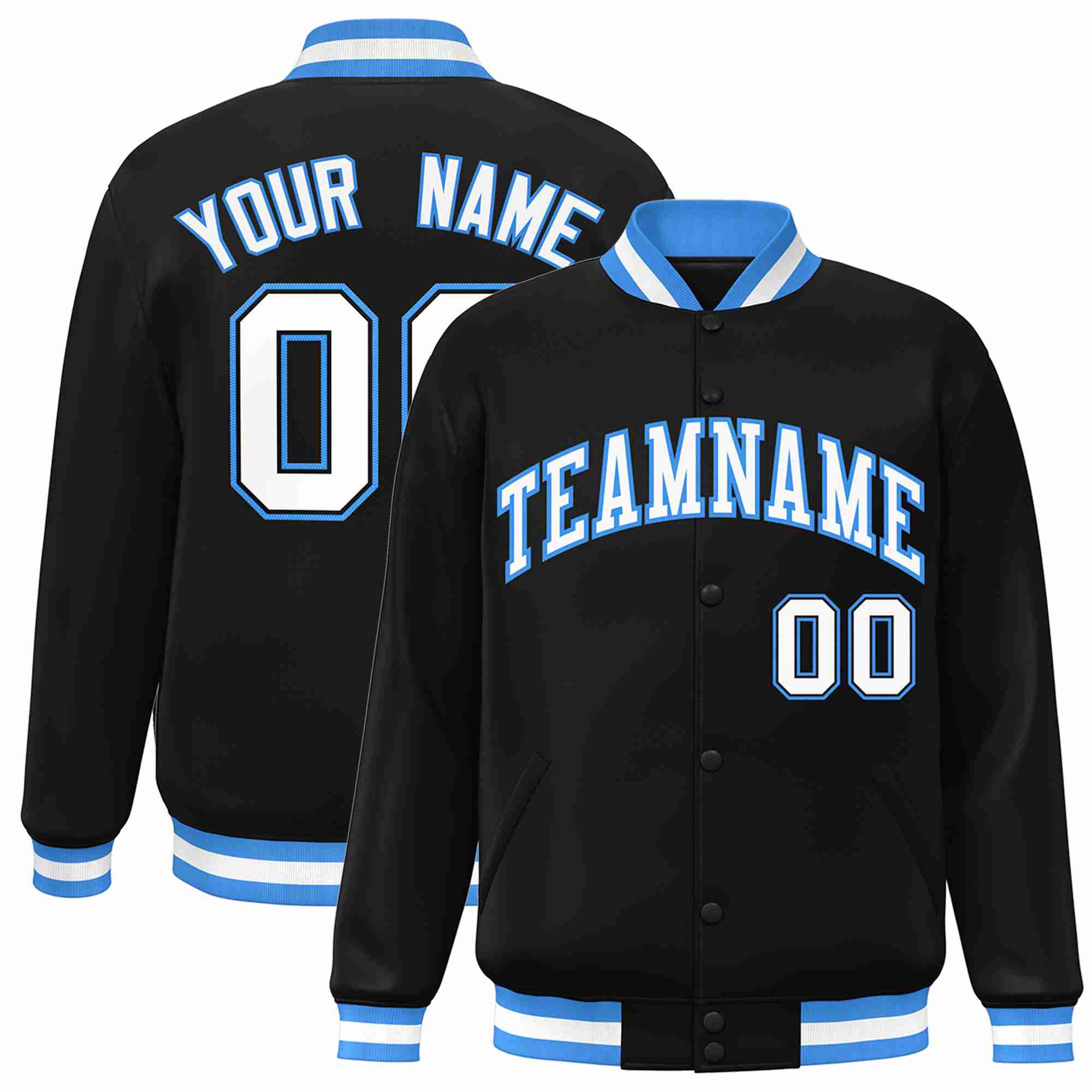 Custom Black White-Powder Blue Classic Style Varsity Full-Snap Letterman Jacket