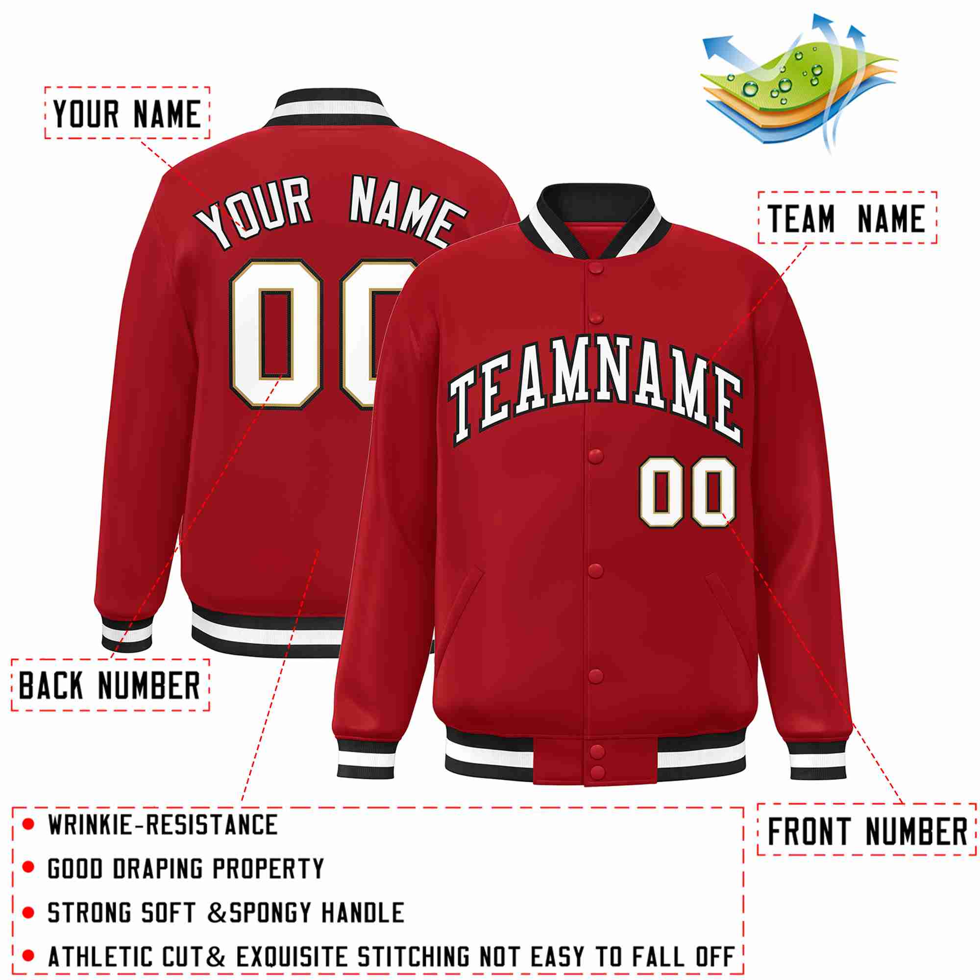 Custom Red White-Black Classic Style Varsity Full-Snap Letterman Jacket