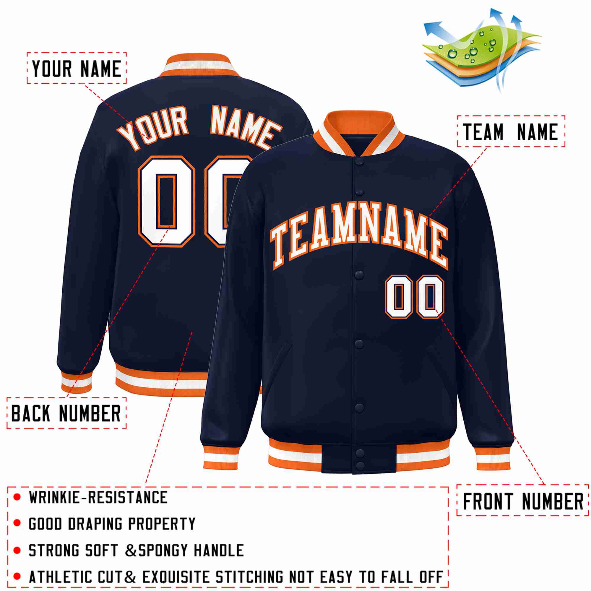 Custom Navy White-Orange Classic Style Varsity Full-Snap Letterman Jacket