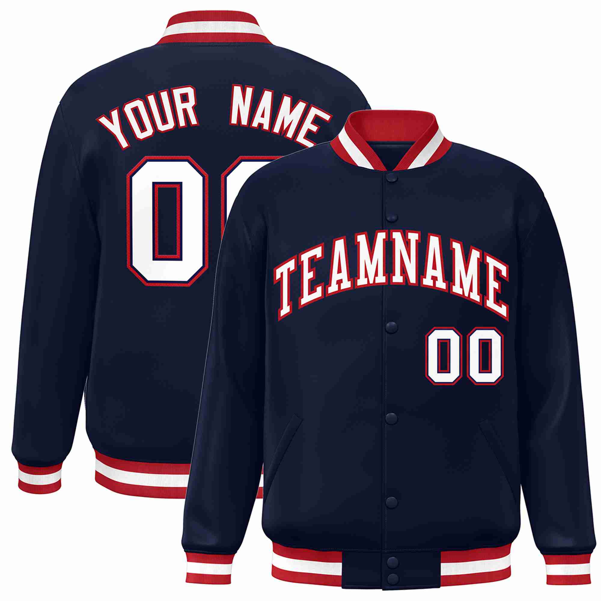 Veste Letterman personnalisée de style classique bleu marine blanc-rouge