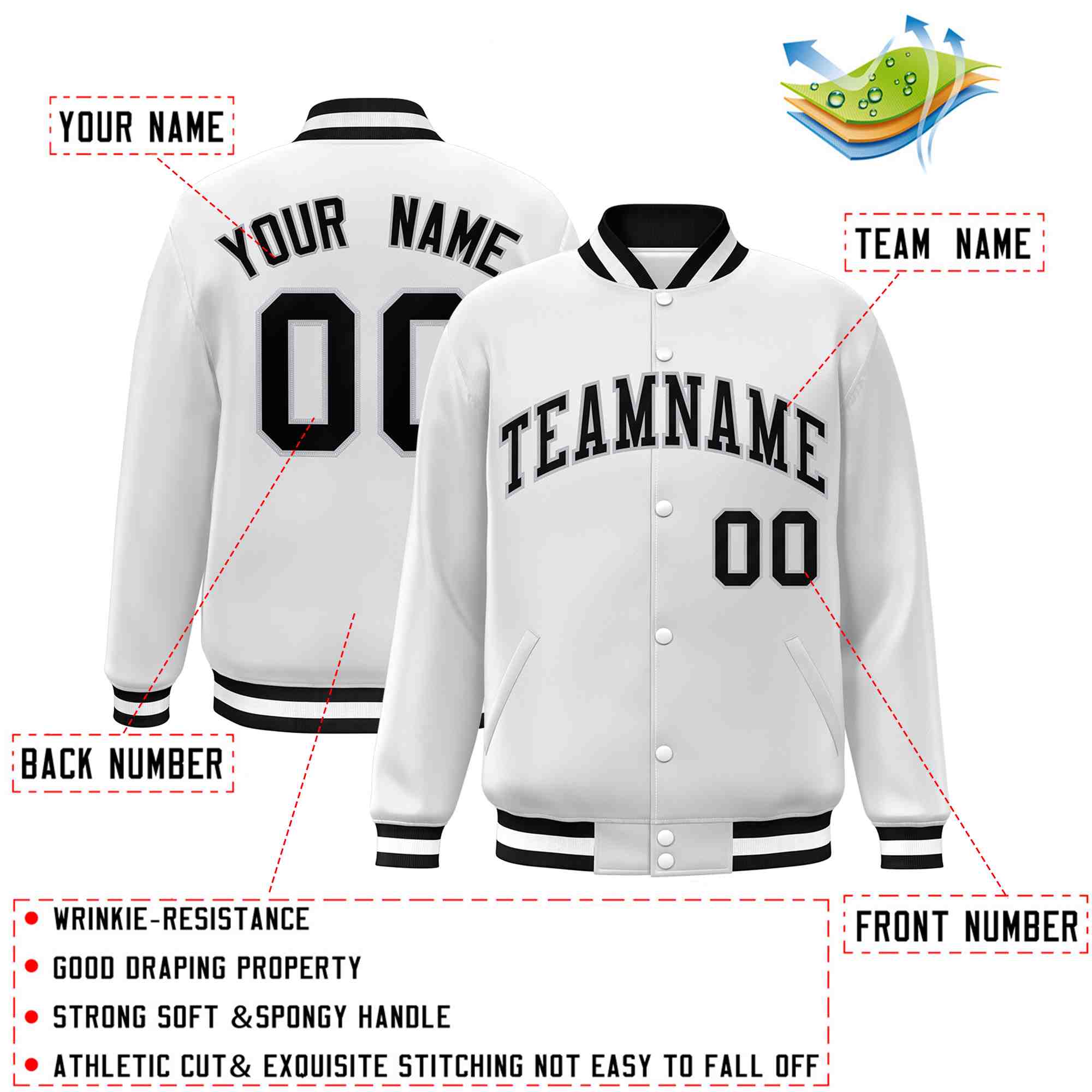 Custom White Black-Gray Classic Style Varsity Full-Snap Letterman Jacket