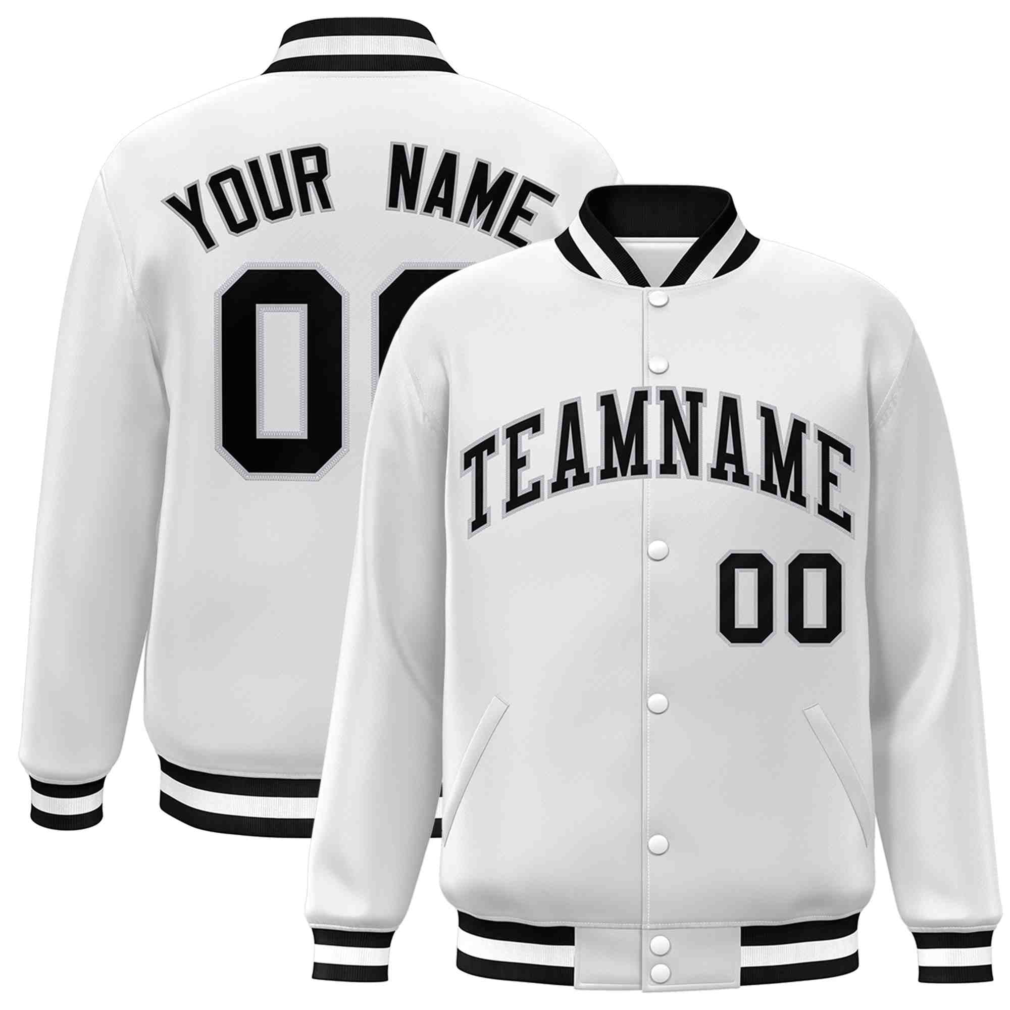 Custom White Black-Gray Classic Style Varsity Full-Snap Letterman Jacket