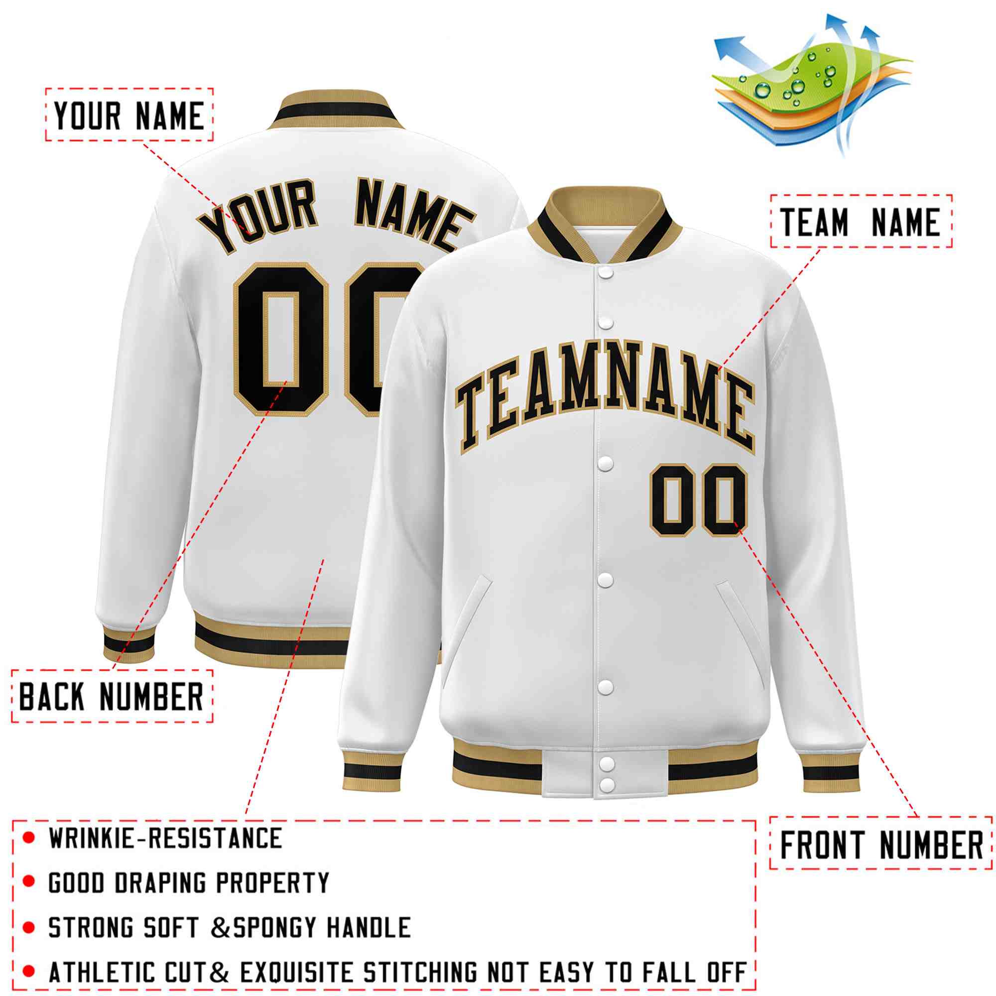 Custom White Black-Old Gold Classic Style Varsity Full-Snap Letterman Jacket