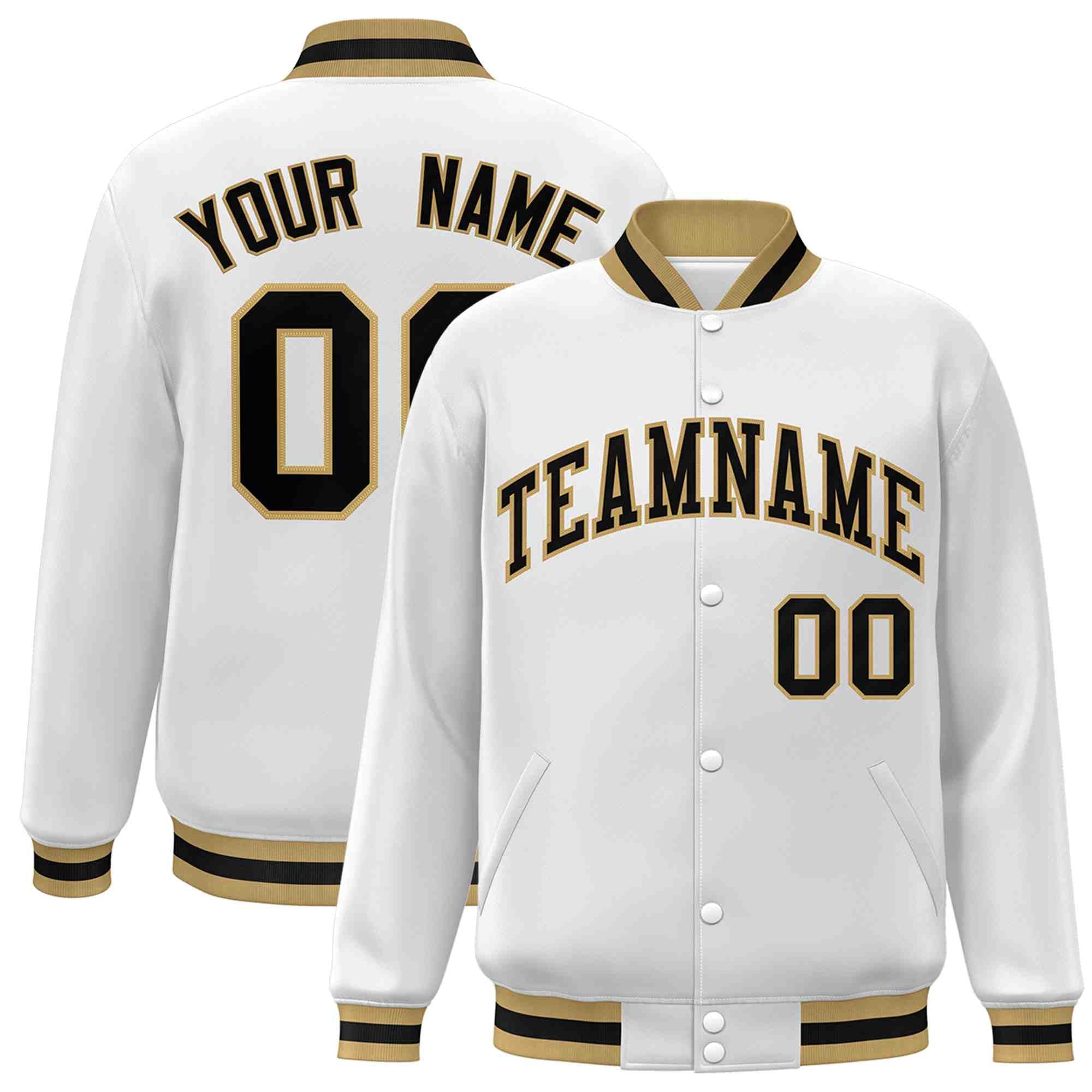 Custom White Black-Old Gold Classic Style Varsity Full-Snap Letterman Jacket