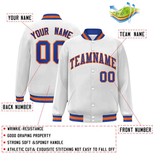 Custom White Royal-Orange Classic Style Varsity Full-Snap Letterman Jacket