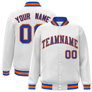 Custom White Royal-Orange Classic Style Varsity Full-Snap Letterman Jacket