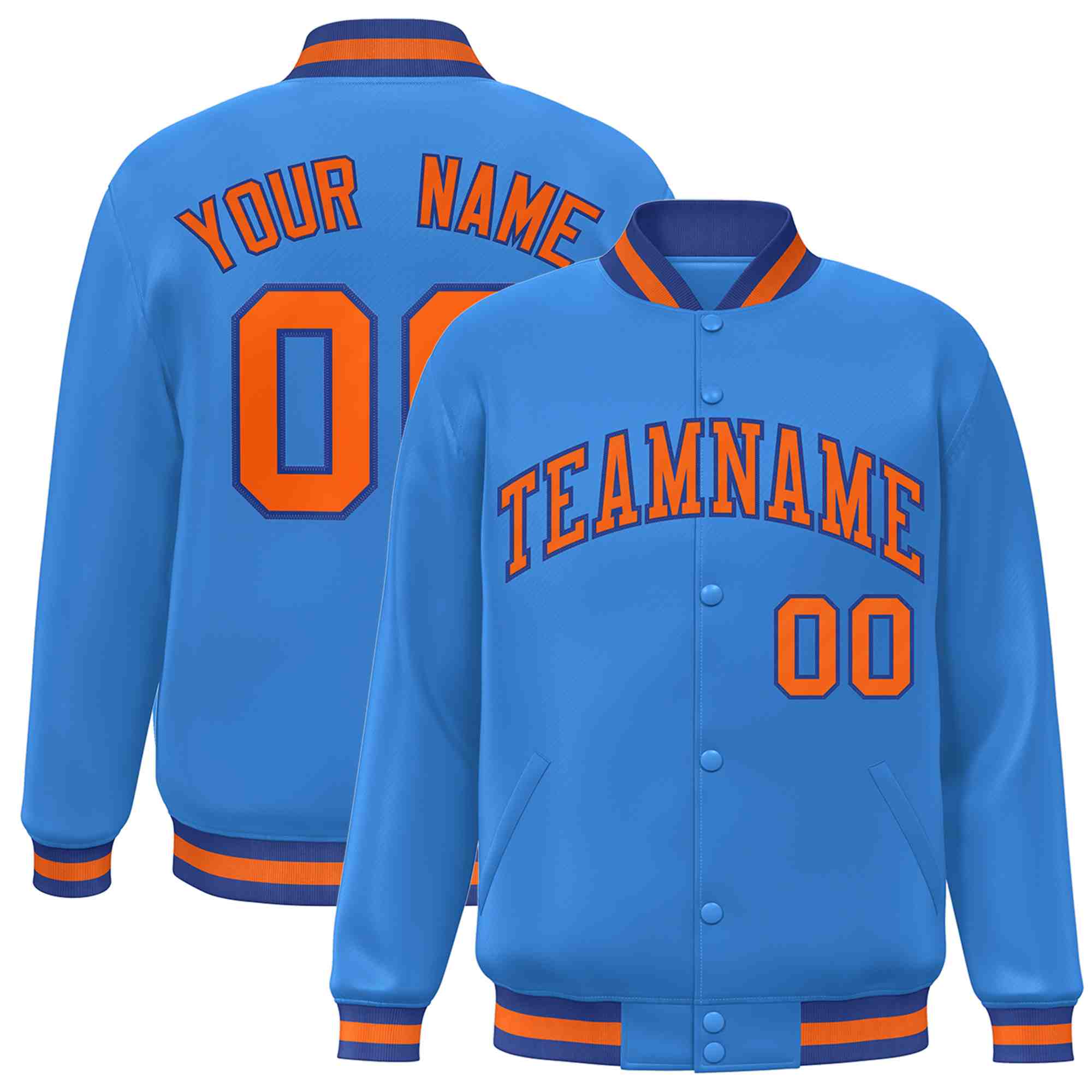 Custom Powder Blue Orange-Royal Classic Style Varsity Full-Snap Letterman Jacket