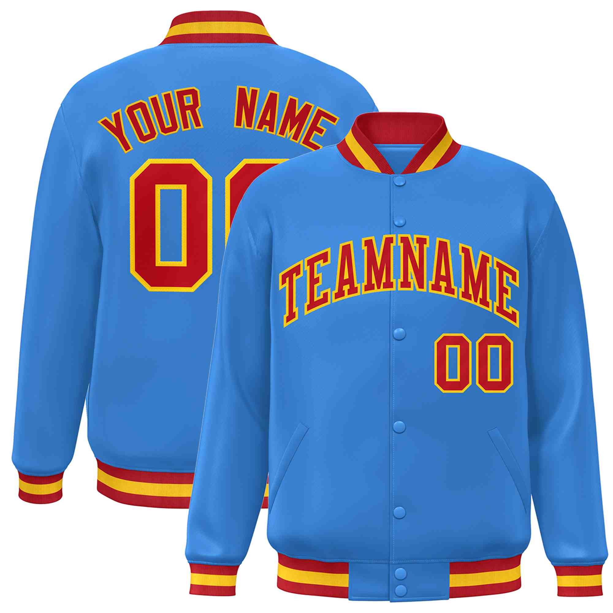 Custom Powder Blue Red-Gold Classic Style Varsity Full-Snap Letterman Jacket