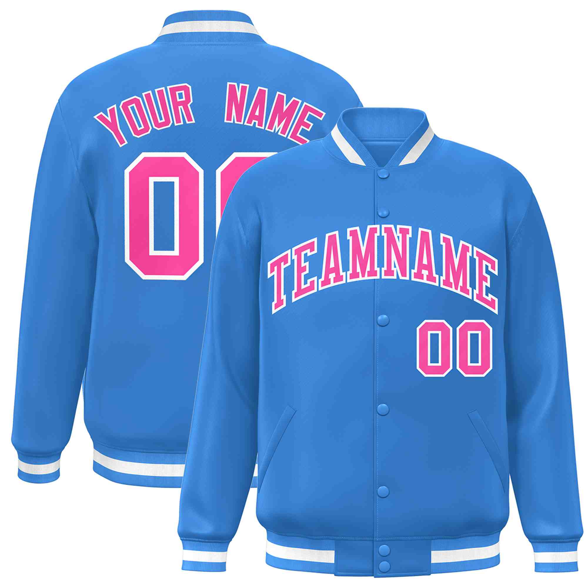 Custom Powder Blue Pink-White Classic Style Varsity Full-Snap Letterman Jacket