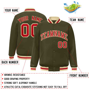 Custom Olive Red-Khaki Classic Style Varsity Full-Snap Letterman Jacket