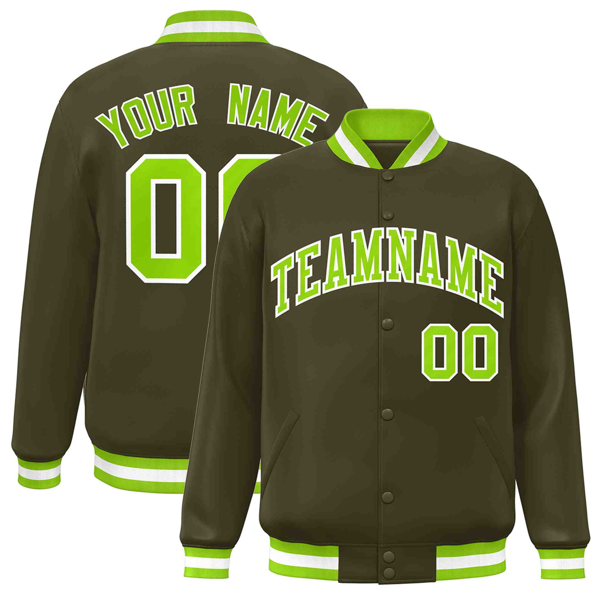 Custom Olive Neon Green-White Classic Style Varsity Full-Snap Letterman Jacket