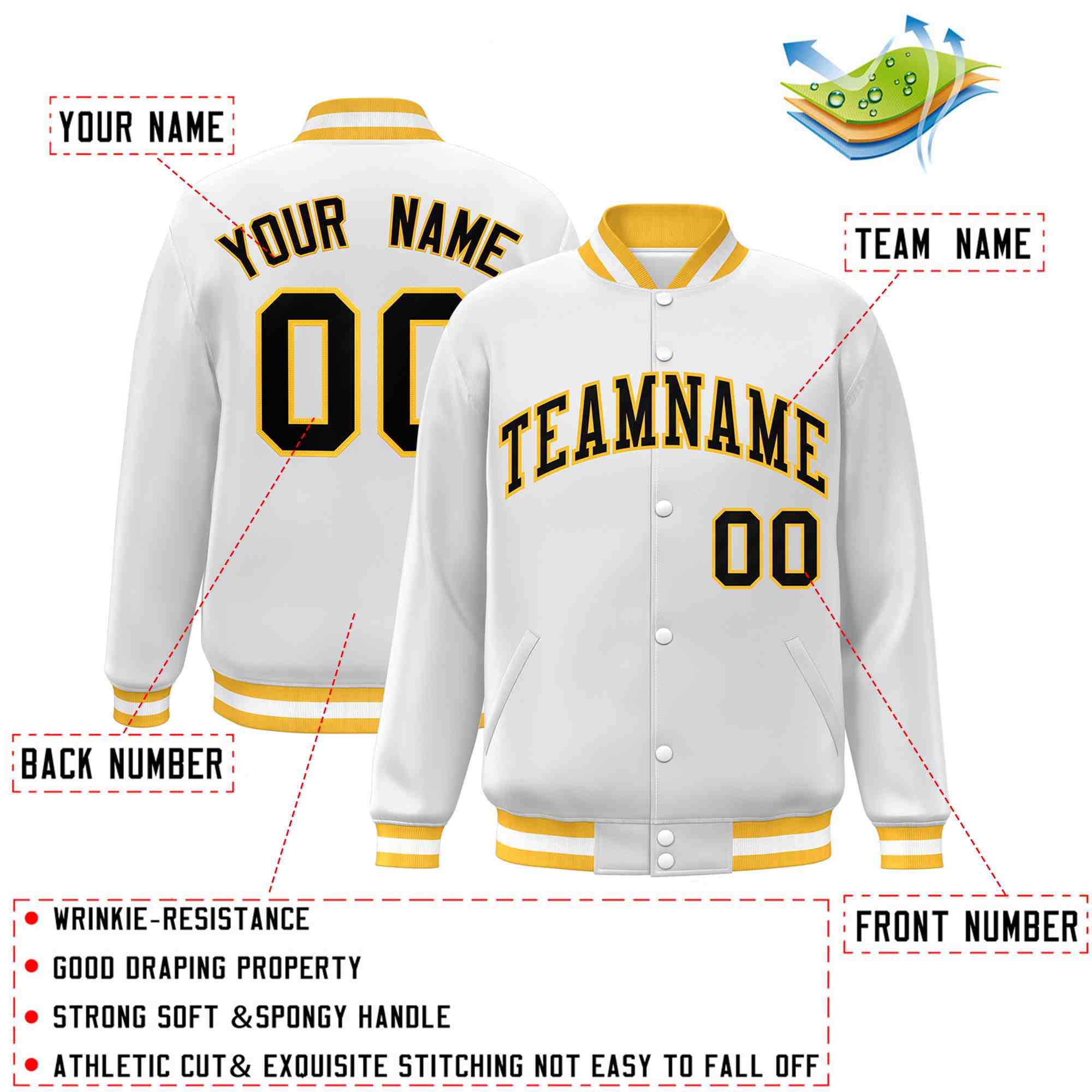 Custom White Black-Gold Classic Style Varsity Full-Snap Letterman Jacket