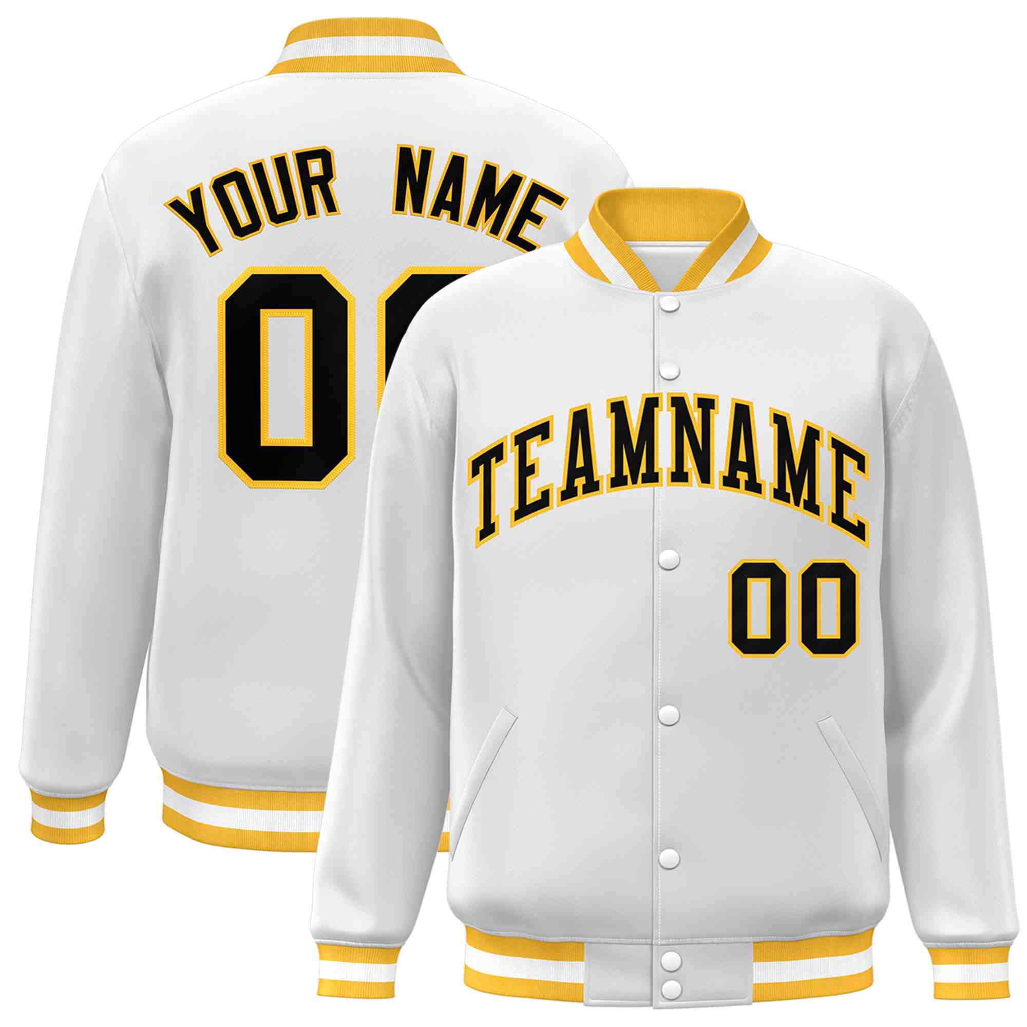 Custom White Black-Gold Classic Style Varsity Full-Snap Letterman Jacket