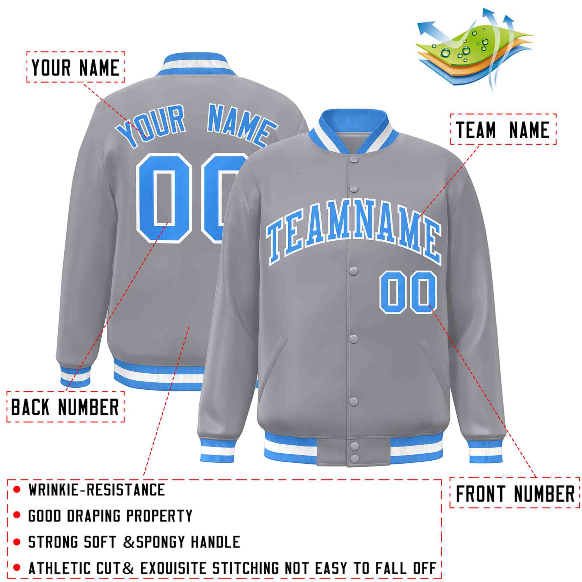 Custom Gray Powder Blue-White Classic Style Varsity Full-Snap Letterman Jacket