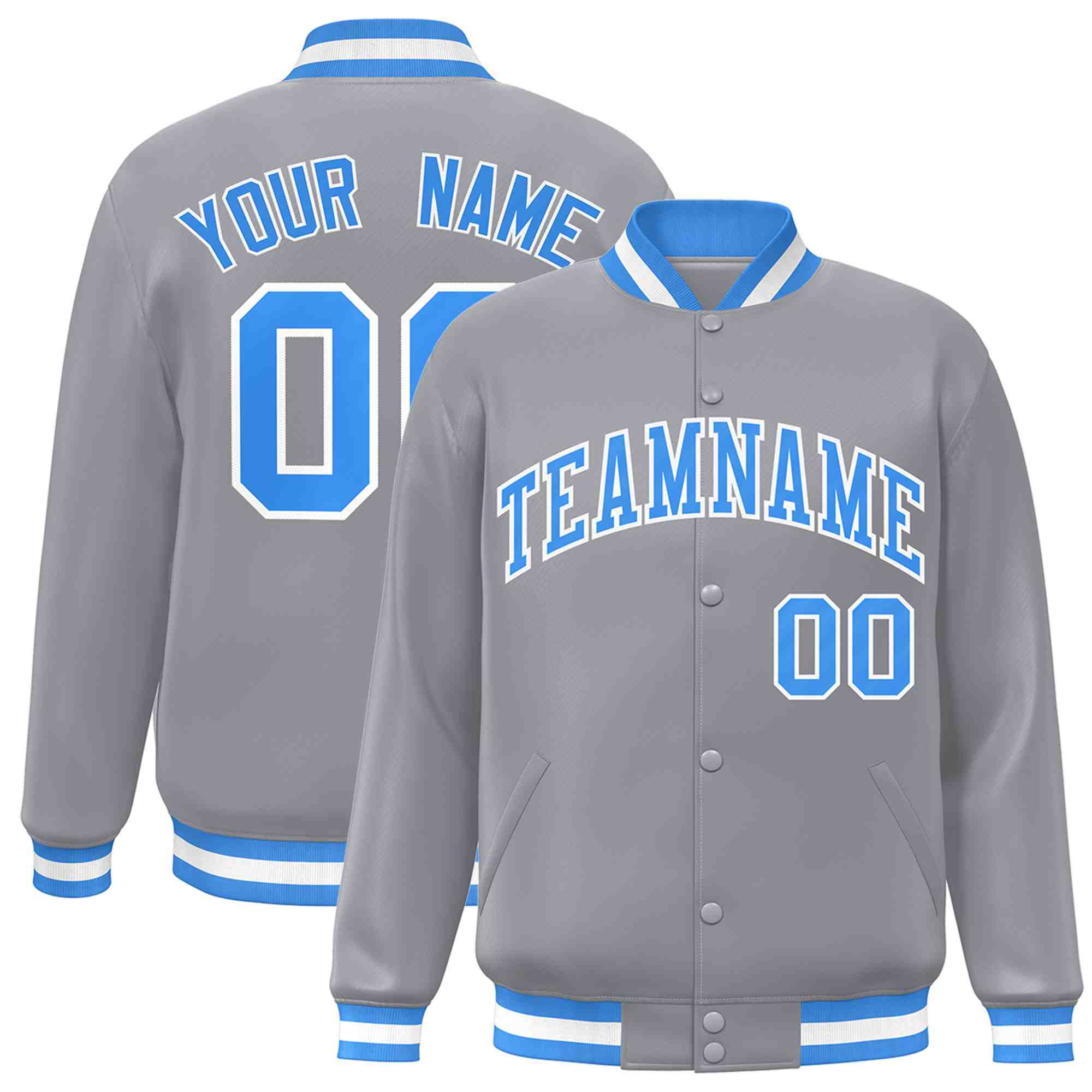 Custom Gray Powder Blue-White Classic Style Varsity Full-Snap Letterman Jacket