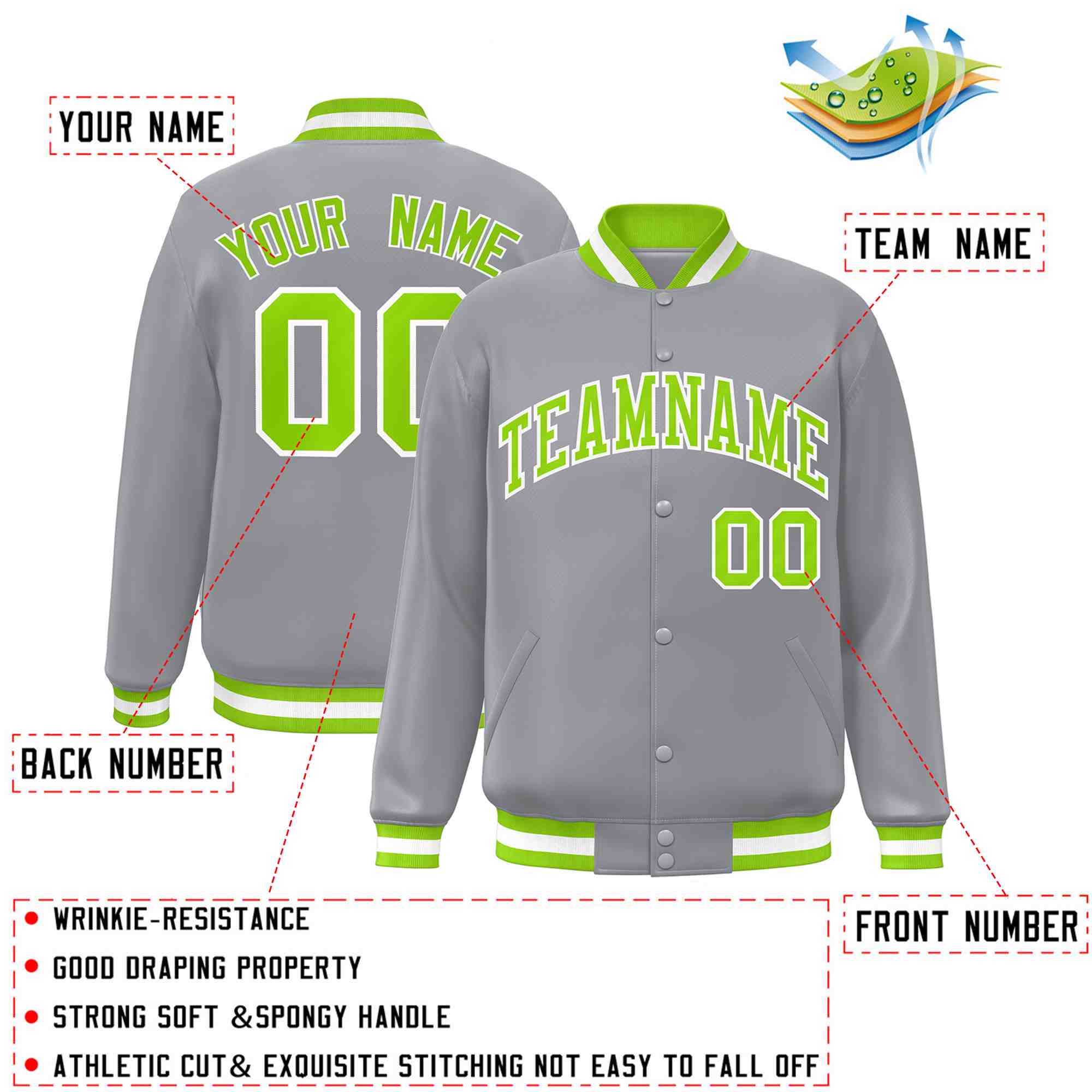 Custom Gray Neon Green-White Classic Style Varsity Full-Snap Letterman Jacket