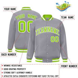 Custom Gray Neon Green-White Classic Style Varsity Full-Snap Letterman Jacket