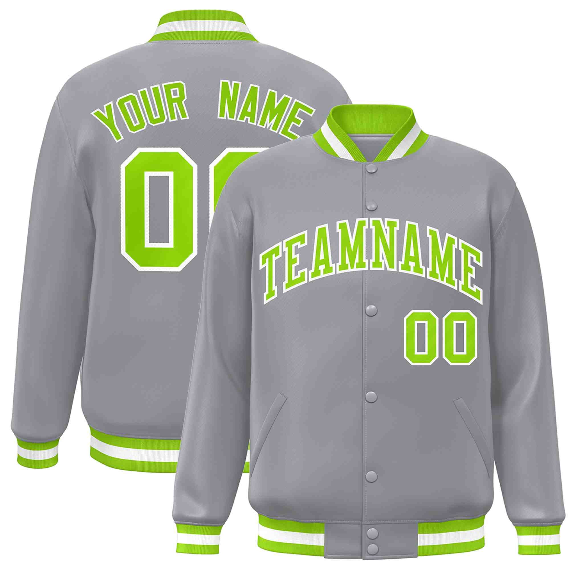 Custom Gray Neon Green-White Classic Style Varsity Full-Snap Letterman Jacket