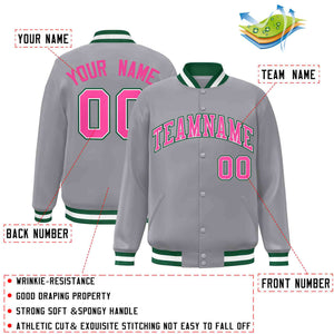 Custom Gray Pink-White Classic Style Varsity Full-Snap Letterman Jacket