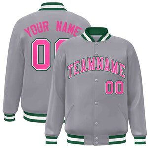 Custom Gray Pink-White Classic Style Varsity Full-Snap Letterman Jacket