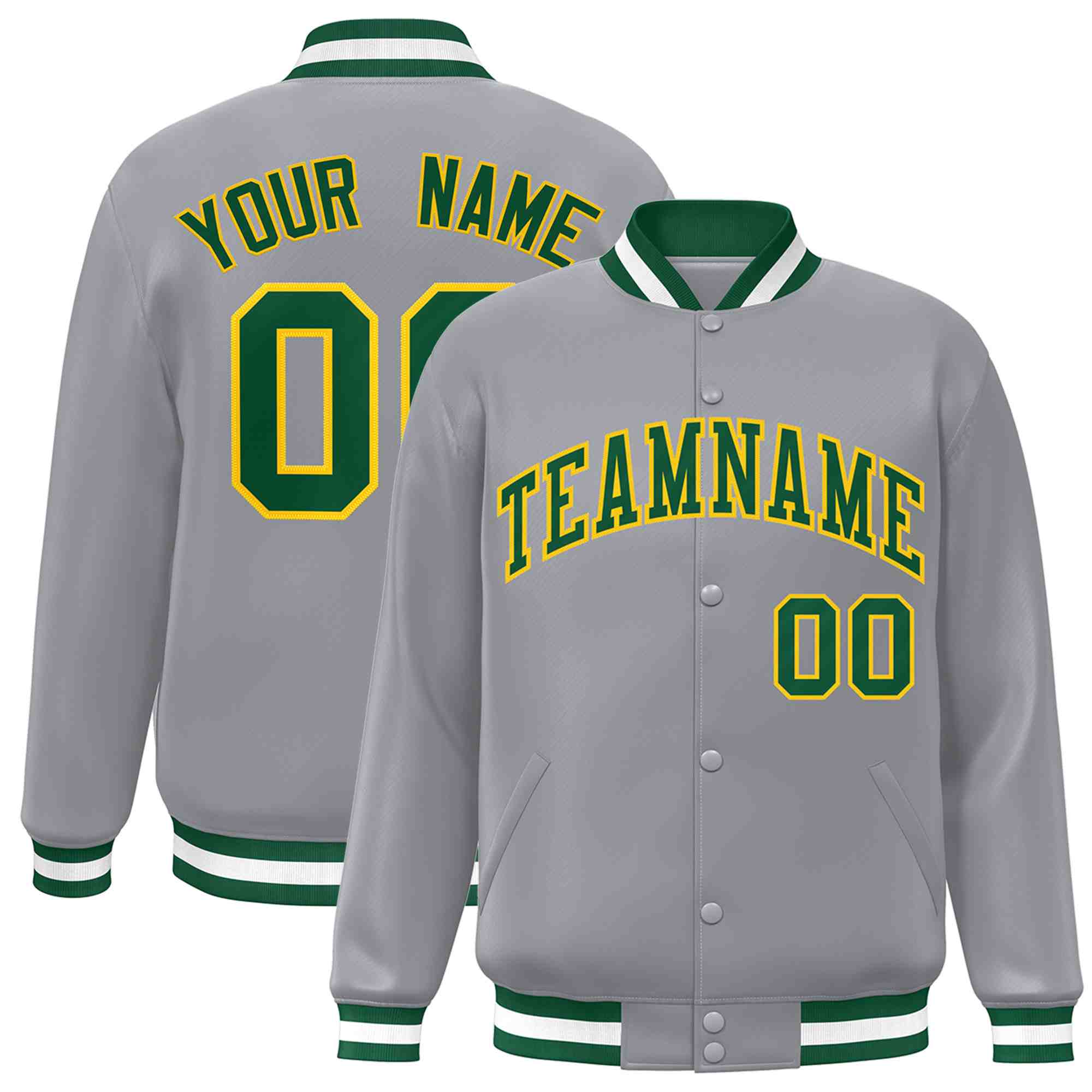 Custom Gray Green-Gold Classic Style Varsity Full-Snap Letterman Jacket