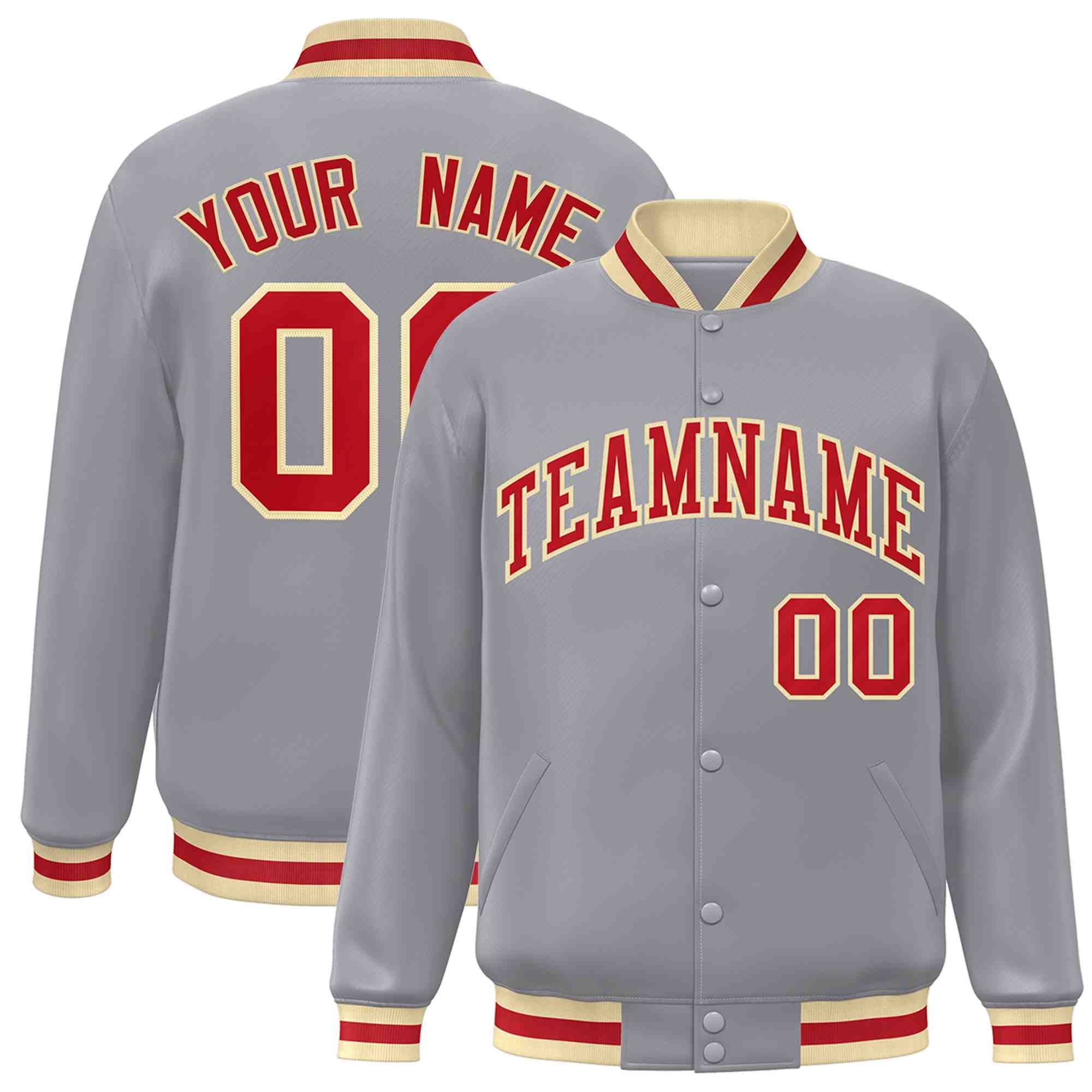 Custom Gray Red-Khaki Classic Style Varsity Full-Snap Letterman Jacket