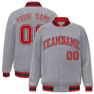 Custom Gray Red-White Classic Style Varsity Full-Snap Letterman Jacket