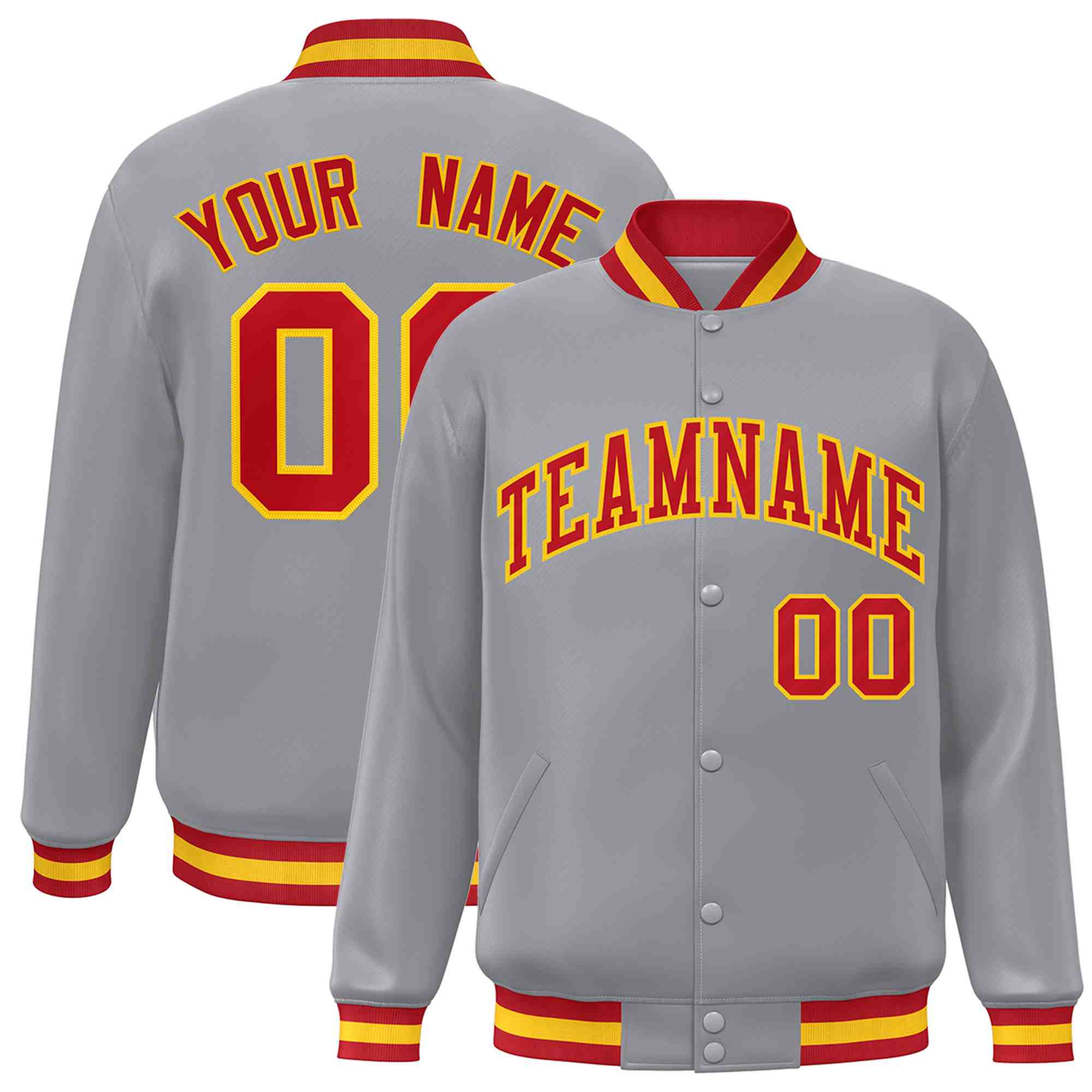 Custom Gray Red-Gold Classic Style Varsity Full-Snap Letterman Jacket