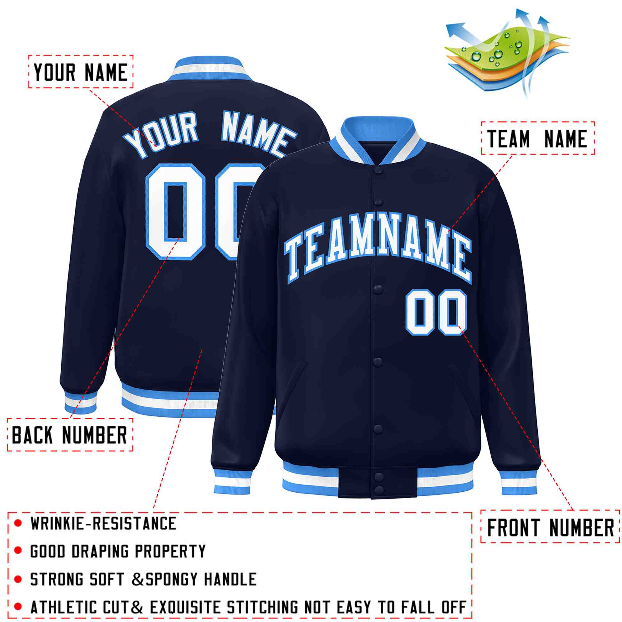 Custom Navy White-Powder Blue Classic Style Varsity Full-Snap Letterman Jacket