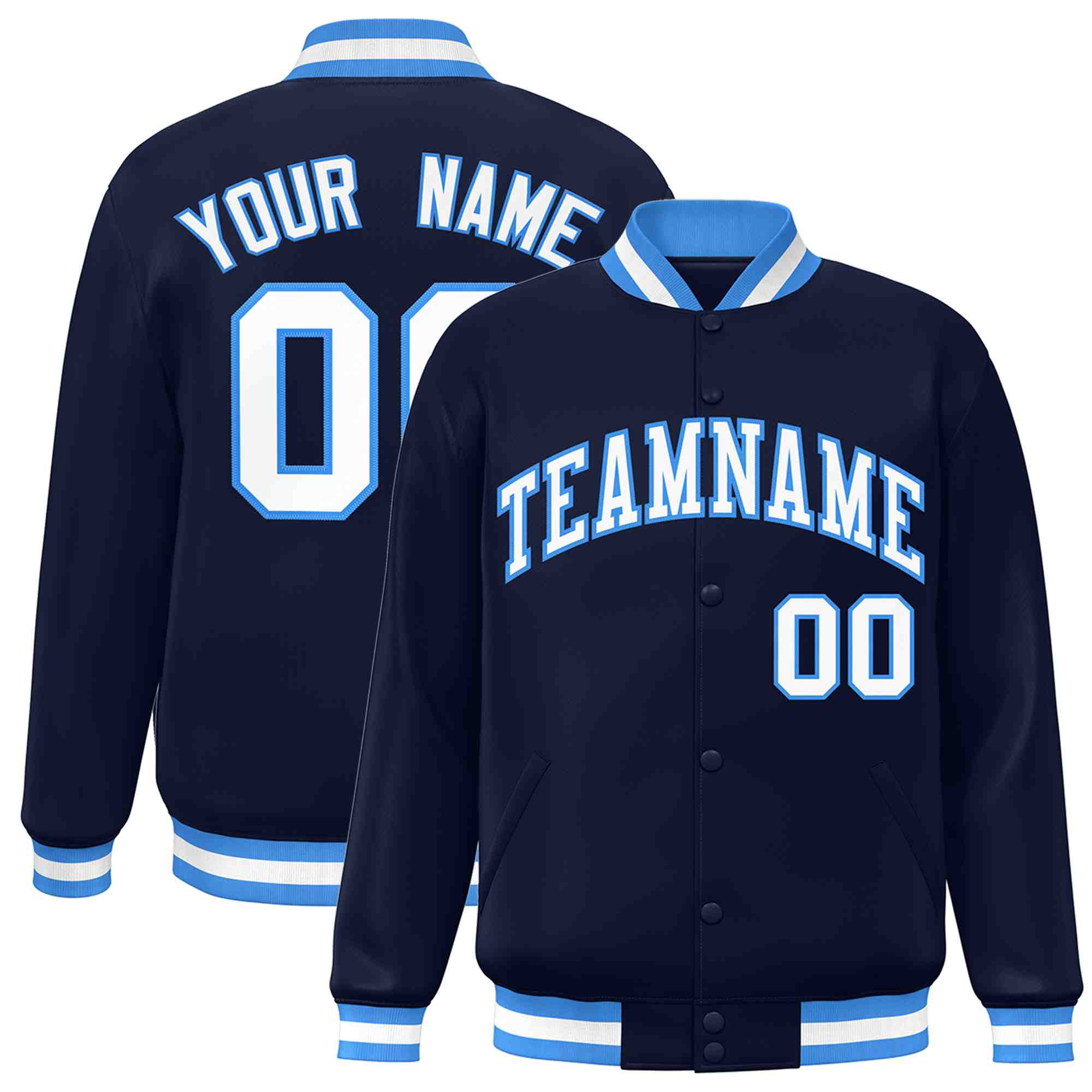 Custom Navy White-Powder Blue Classic Style Varsity Full-Snap Letterman Jacket