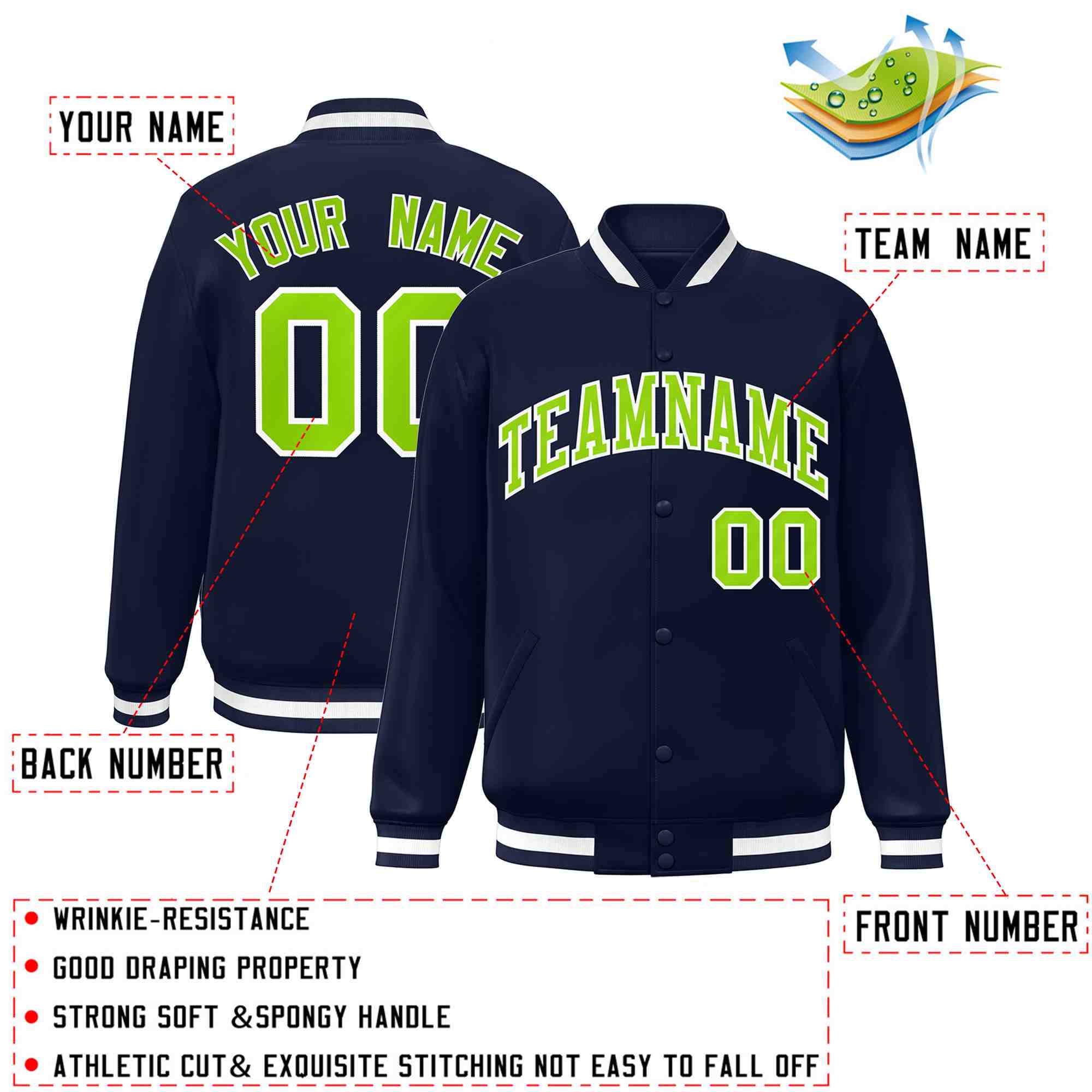 Custom Navy Neon Green-White Classic Style Varsity Full-Snap Letterman Jacket