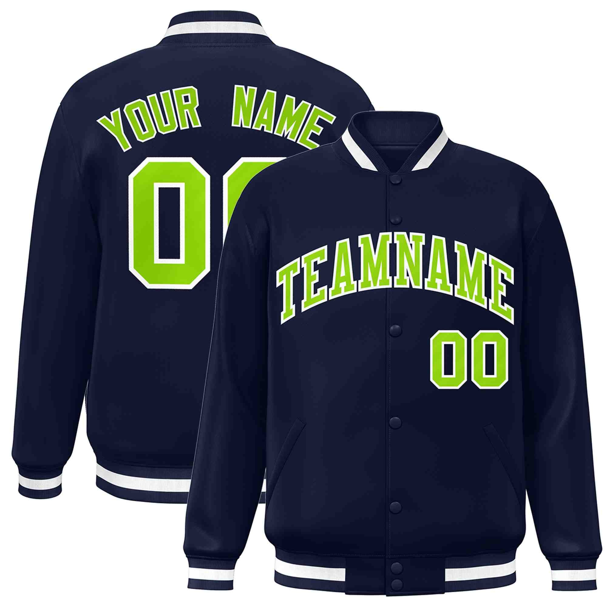 Custom Navy Neon Green-White Classic Style Varsity Full-Snap Letterman Jacket