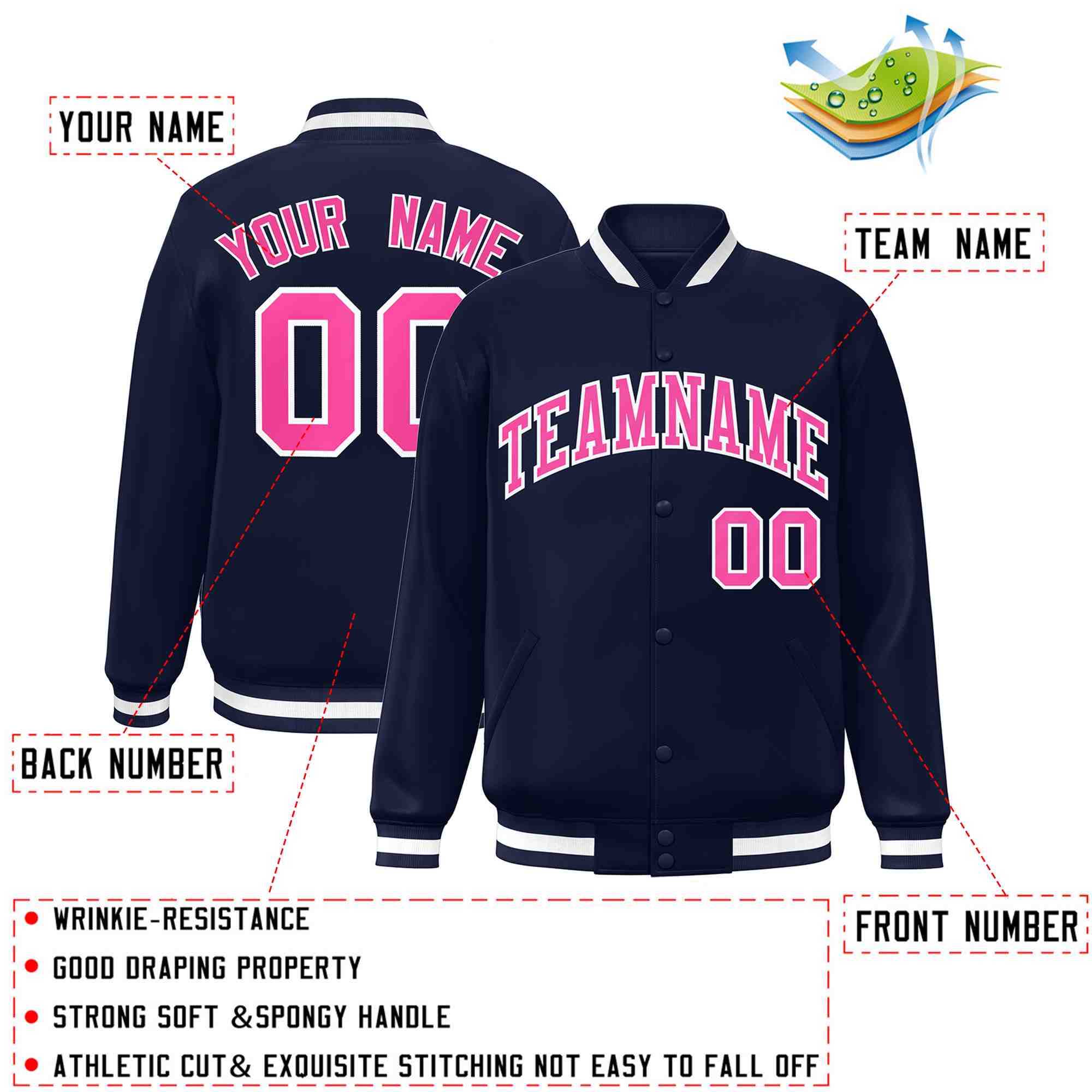 Custom Navy Pink-White Classic Style Varsity Full-Snap Letterman Jacket