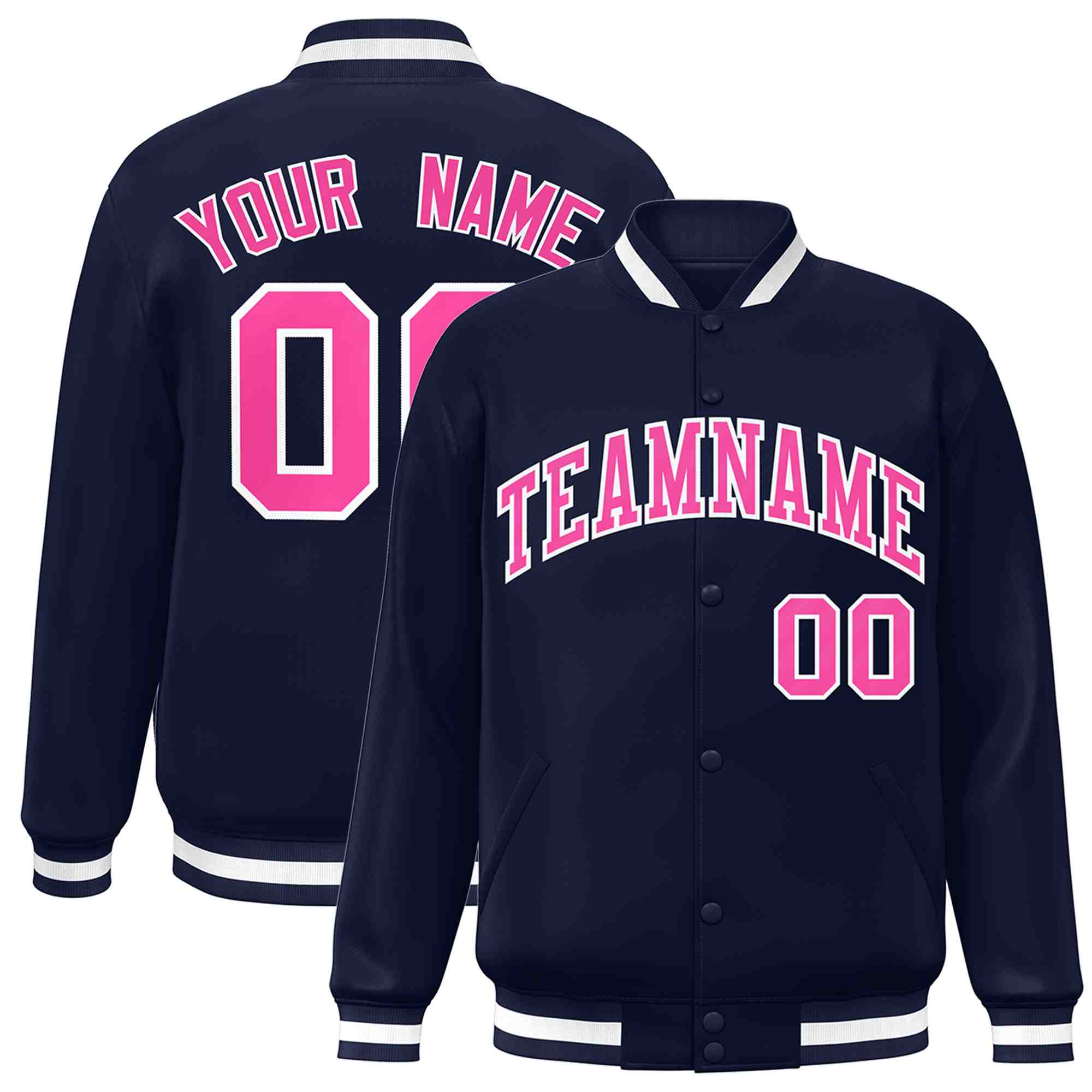 Custom Navy Pink-White Classic Style Varsity Full-Snap Letterman Jacket