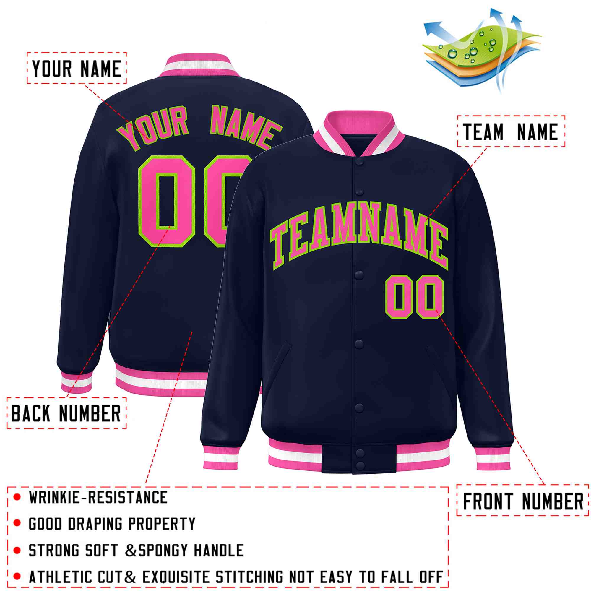 Custom Navy Pink-Neon Green Classic Style Varsity Full-Snap Letterman Jacket