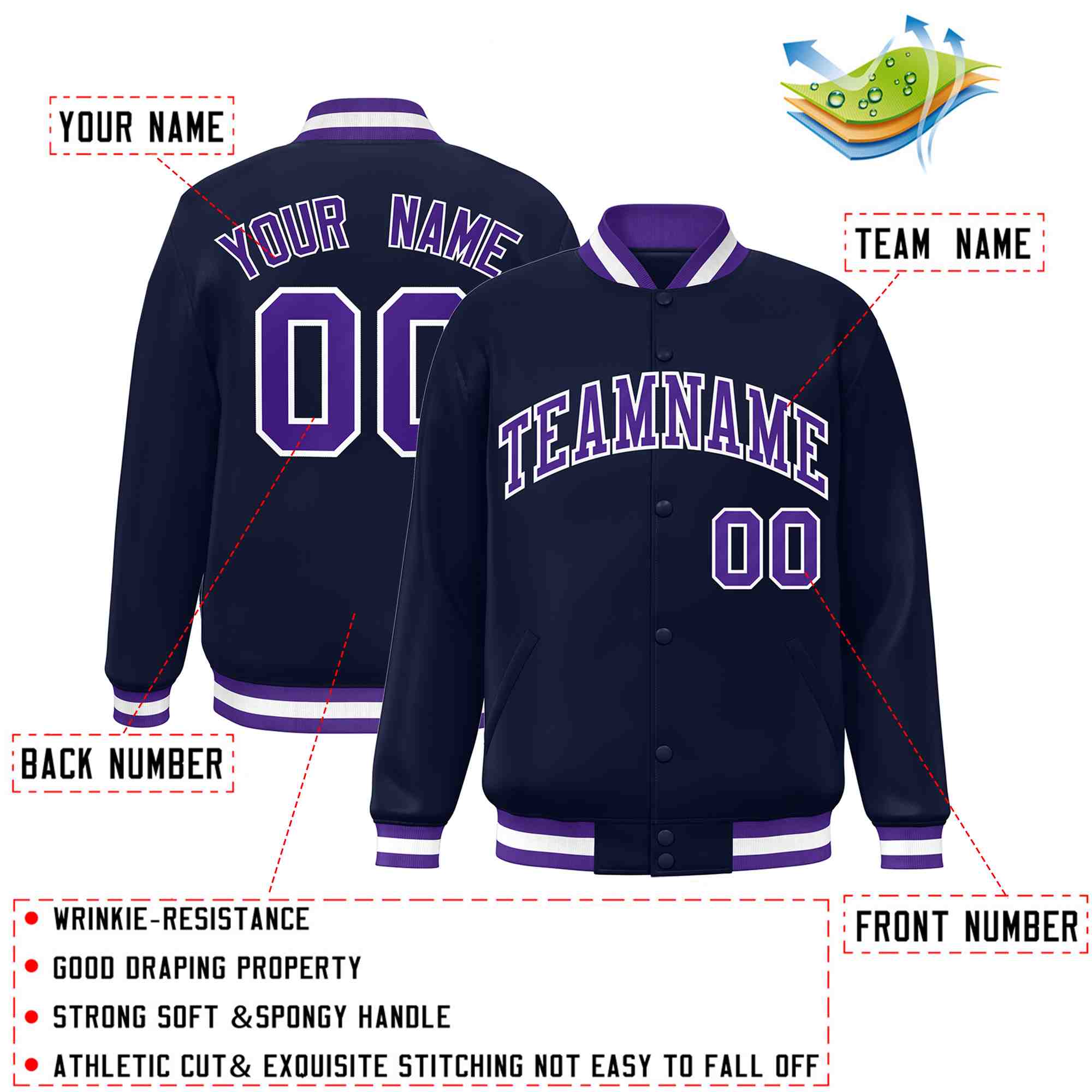 Custom Navy Purple-White Classic Style Varsity Full-Snap Letterman Jacket