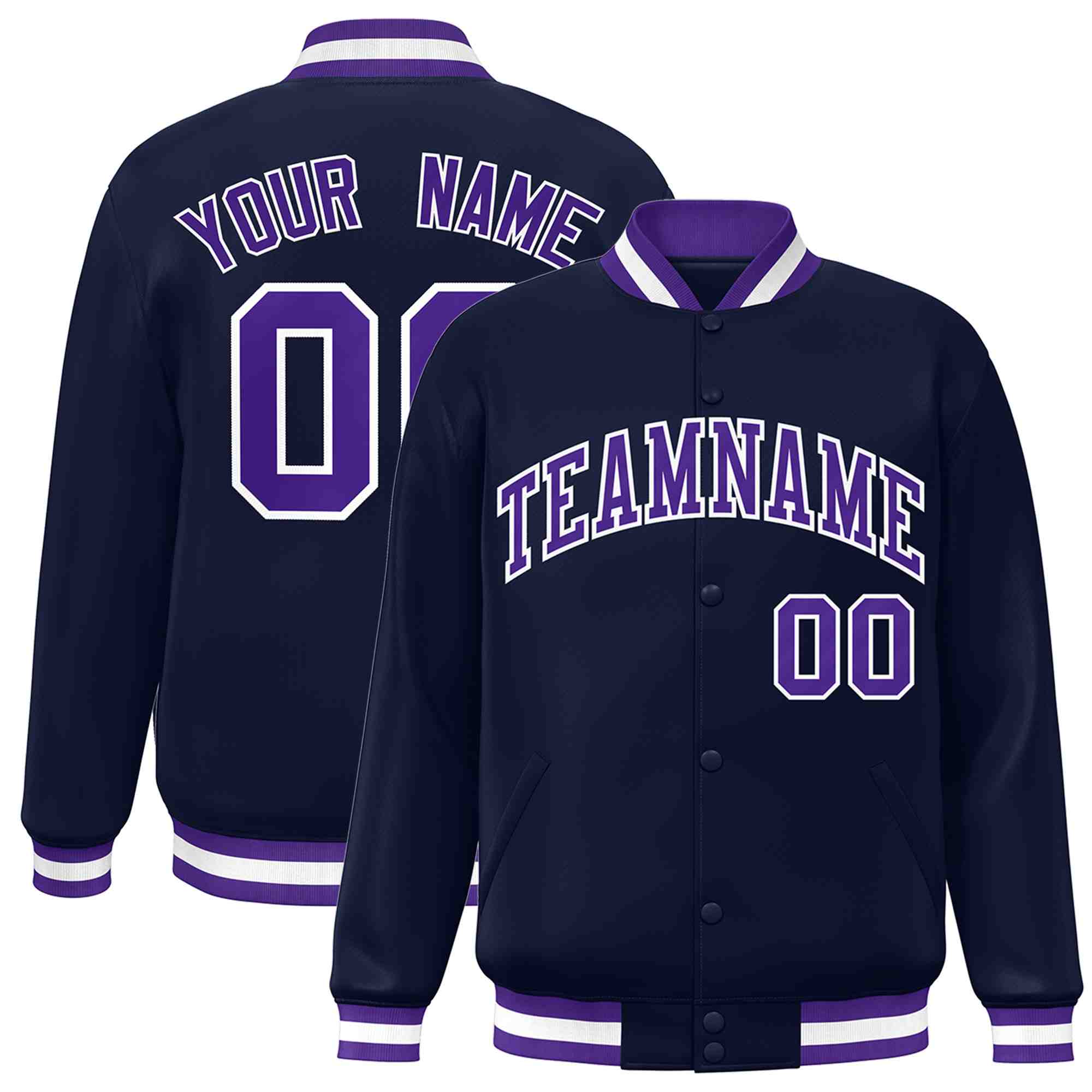 Custom Navy Purple-White Classic Style Varsity Full-Snap Letterman Jacket